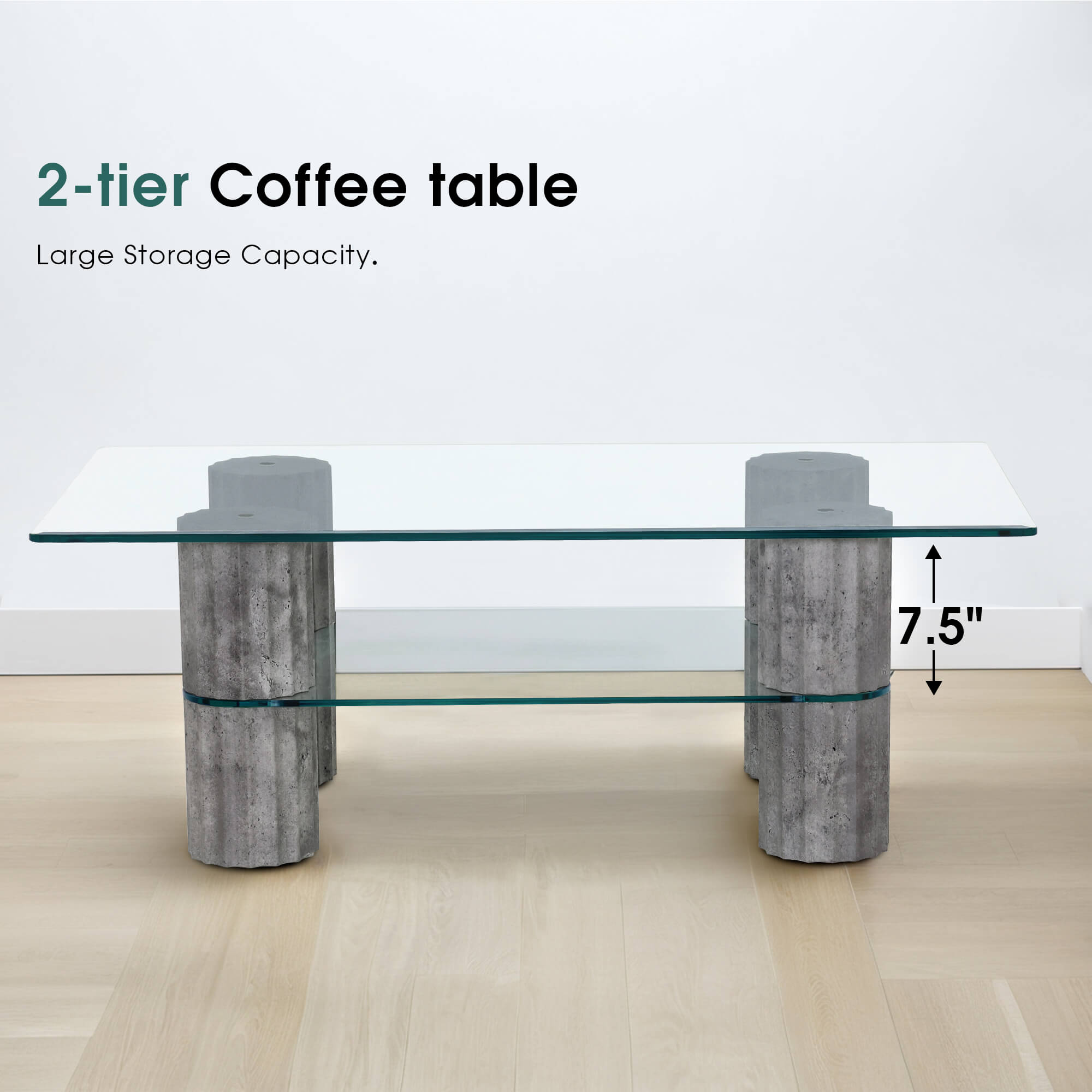 ivinta Glass Coffee Table with Storage Shelf, Small Modern Rectangular Center Table for Living Room, Wooden Legs, Easy Assembly, 44W×24D