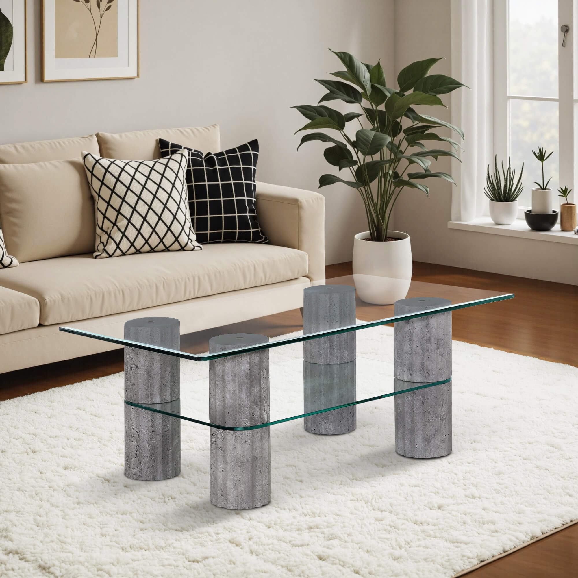 ivinta Glass Coffee Table with Storage Shelf, Small Modern Rectangular Center Table for Living Room, Wooden Legs, Easy Assembly, 44W×24D