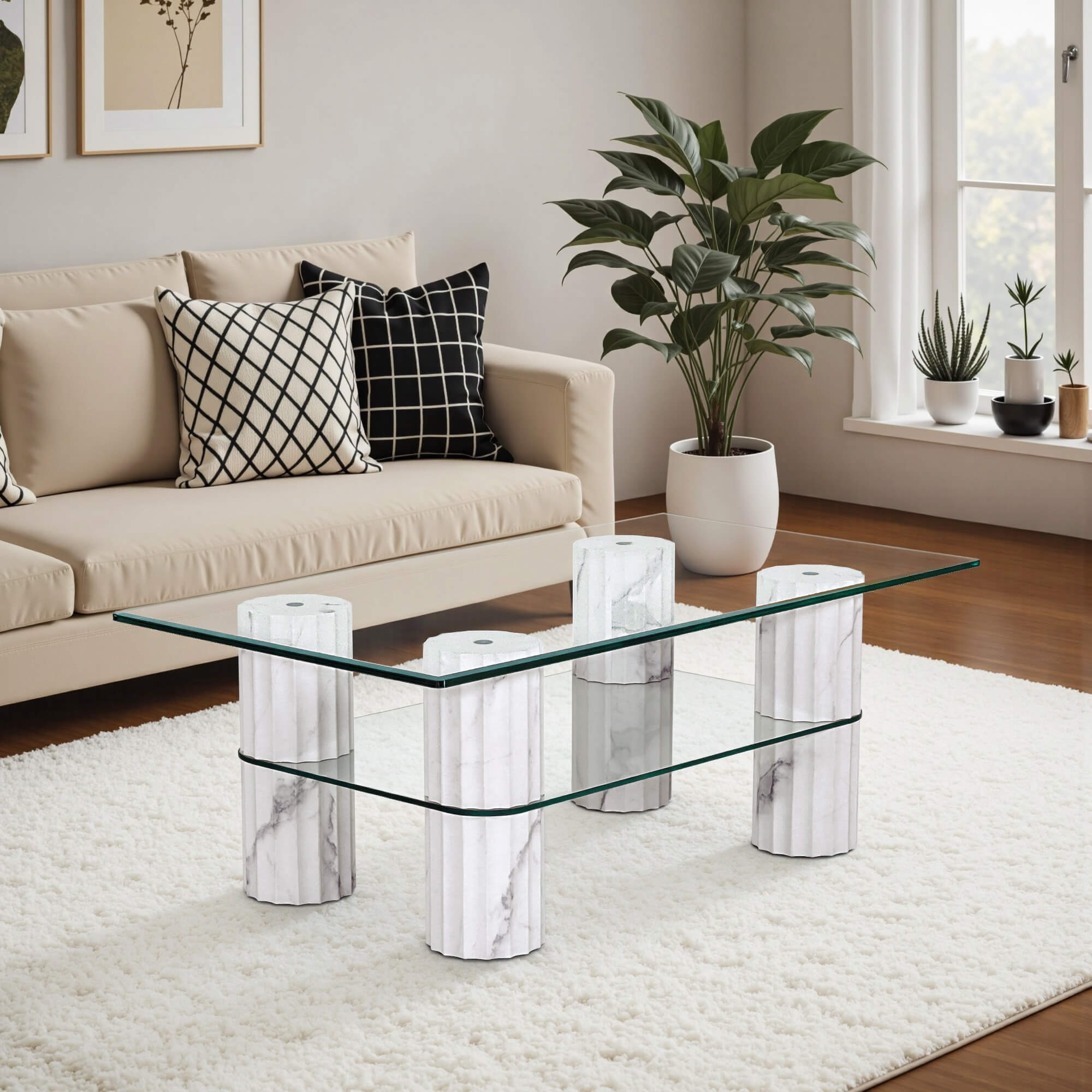 ivinta Glass Coffee Table with Storage Shelf, Small Modern Rectangular Center Table for Living Room, Wooden Legs, Easy Assembly, 44W×24D