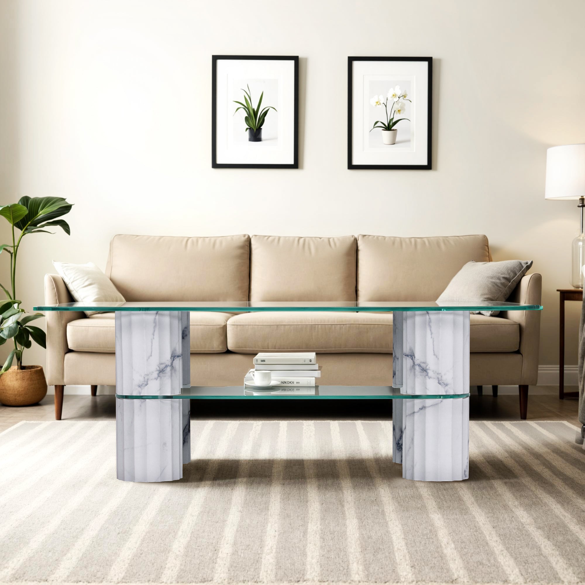 ivinta Glass Coffee Table with Storage Shelf, Small Modern Rectangular Center Table for Living Room, Wooden Legs, Easy Assembly, 44W×24D