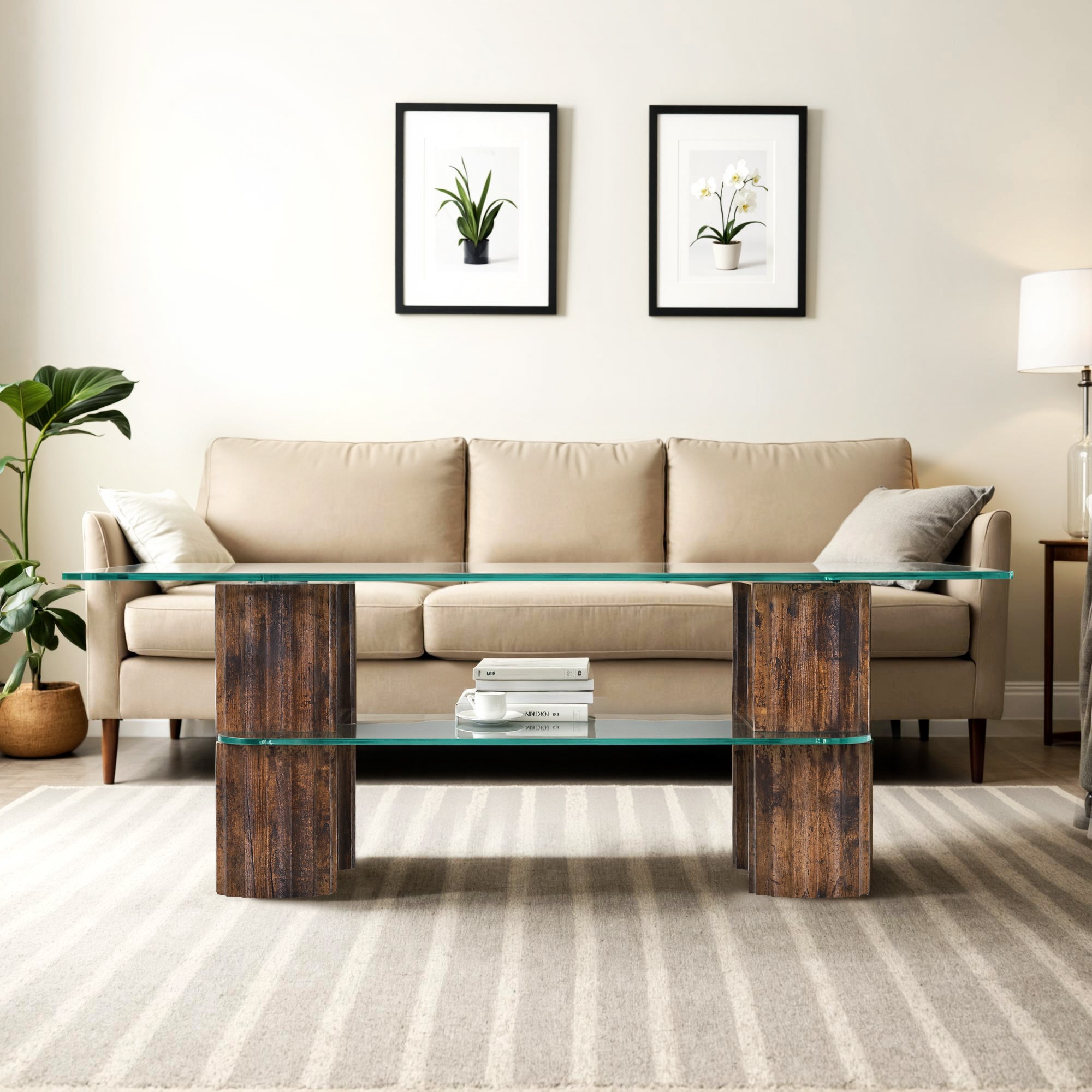 ivinta Glass Coffee Table with Storage Shelf, Small Modern Rectangular Center Table for Living Room, Wooden Legs, Easy Assembly, 44W×24D
