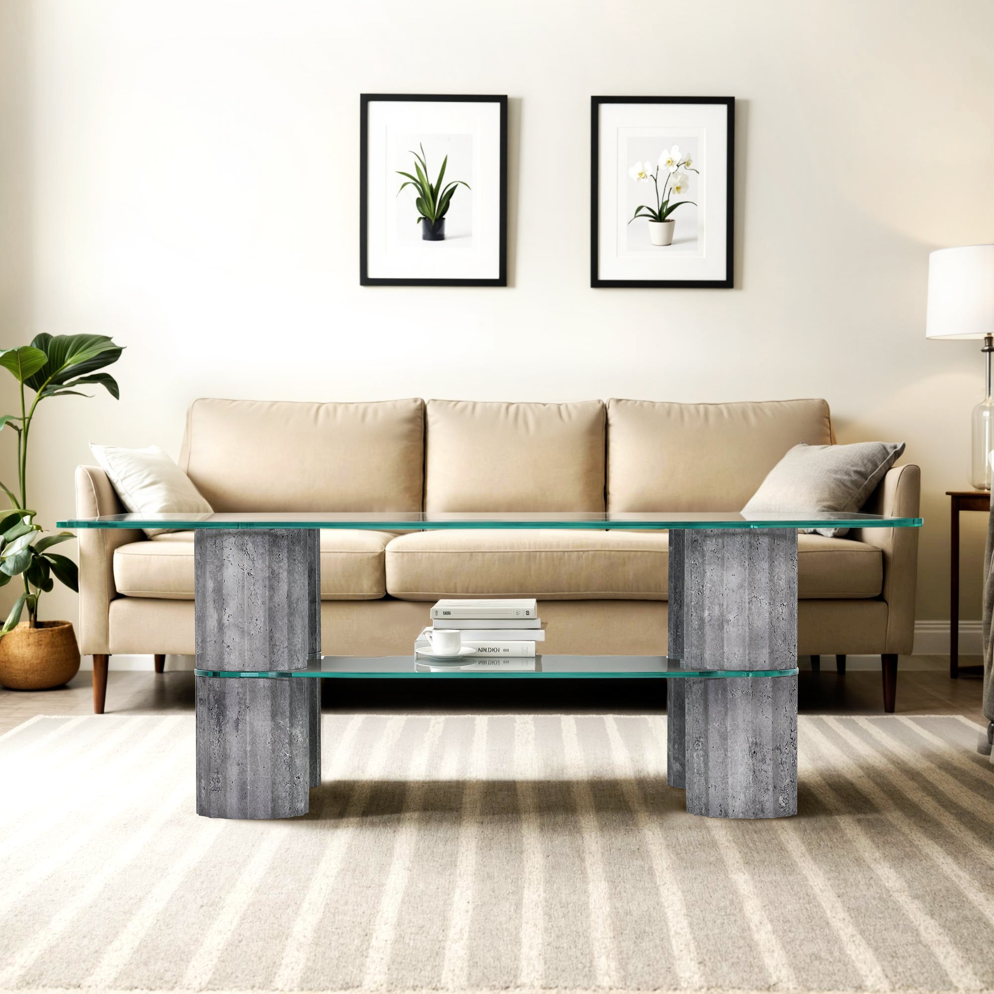 ivinta Glass Coffee Table with Storage Shelf, Small Modern Rectangular Center Table for Living Room, Wooden Legs, Easy Assembly, 44W×24D