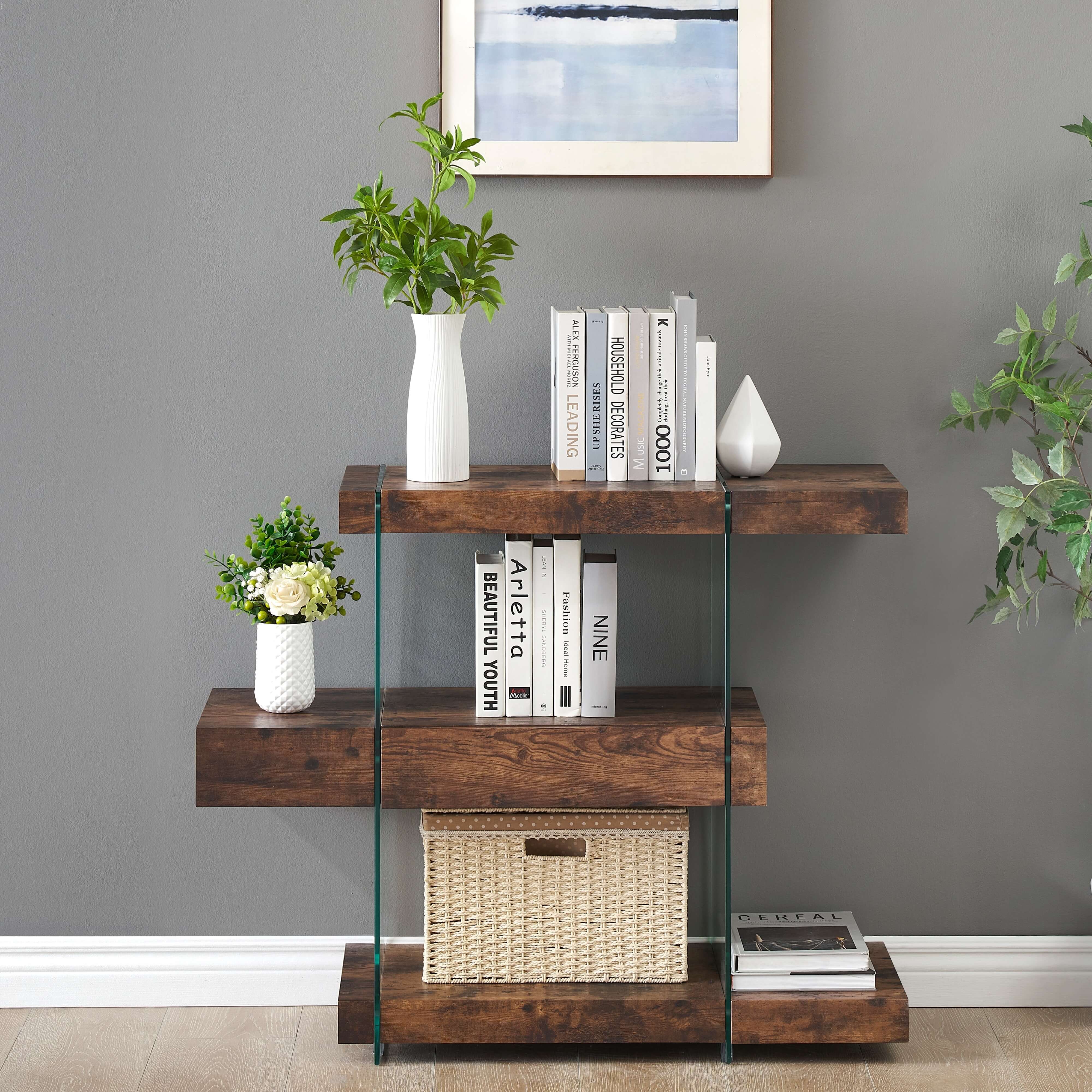ivinta Glass Console Table with Storage Shelves, 3-Tier Modern Narrow Entryway Table with Drawer for Living Room, Hallway, Foyer and Entrance