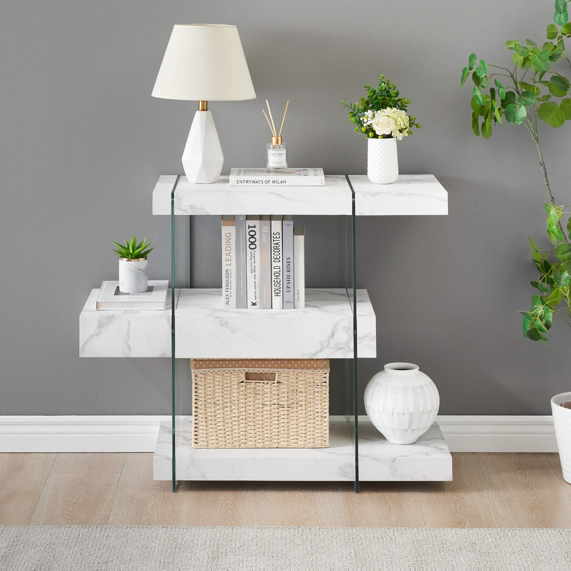 ivinta Glass Console Table with Storage Shelves, 3-Tier Modern Narrow Entryway Table with Drawer for Living Room, Hallway, Foyer and Entrance