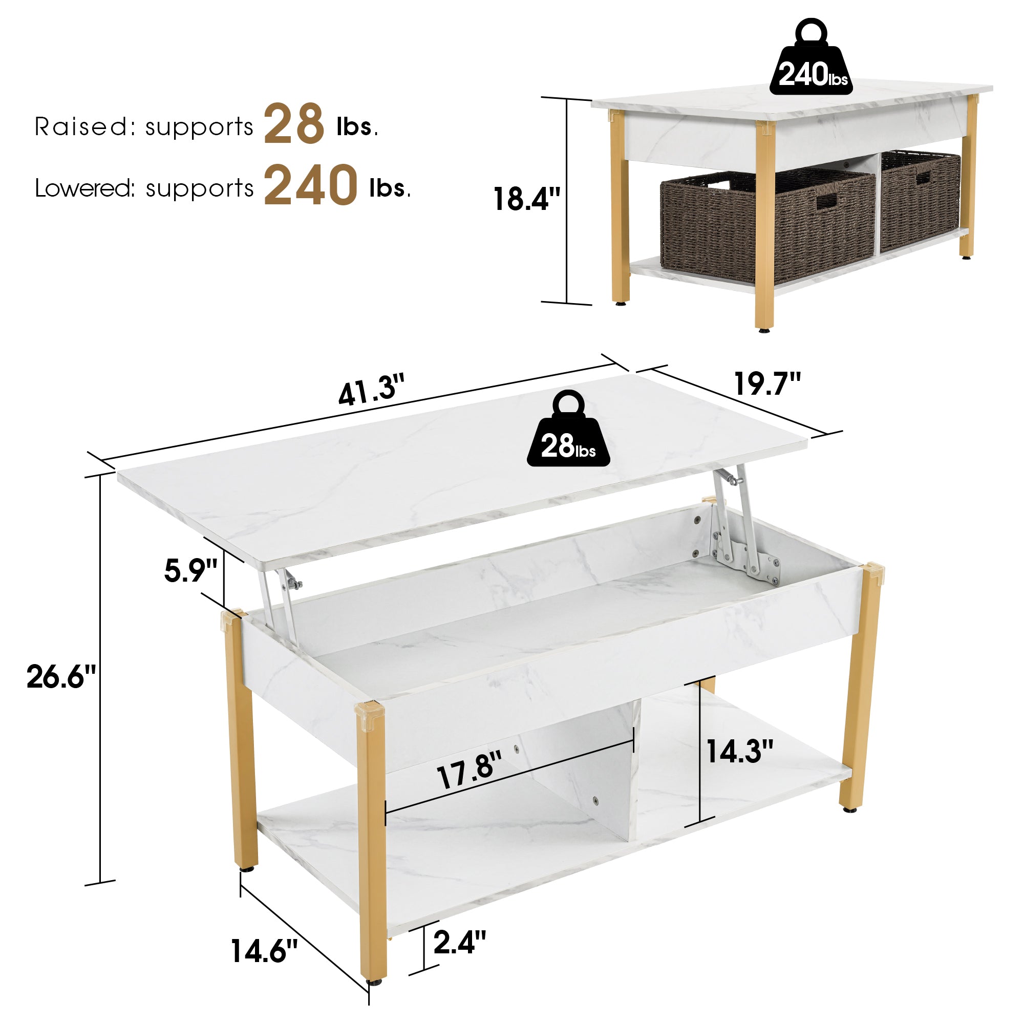 ivinta Lift Top Coffee Table with Storage, 41.3" Modern Recangular Center Table with 4 Wheels and 2 Rattan Folding Baskets, Rising Tabletop with Hidden Compartment for Living Room, 2177