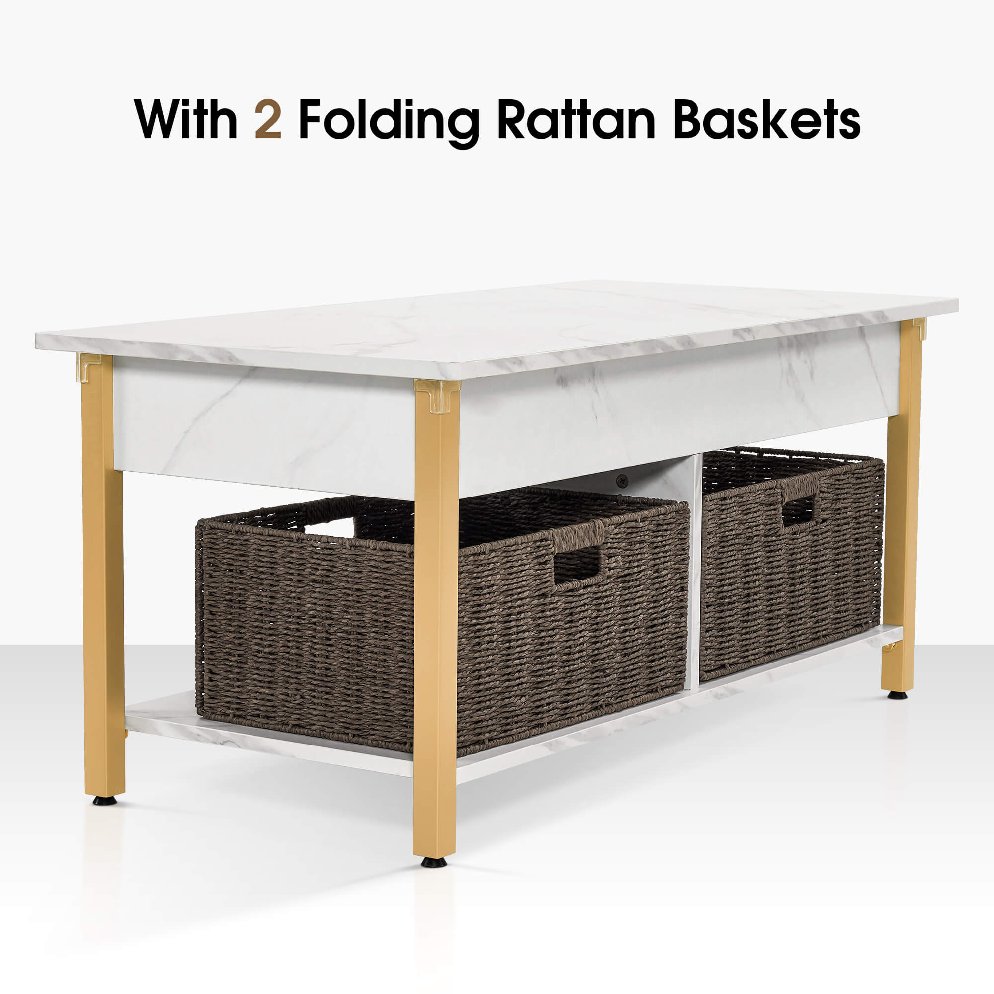 ivinta Lift Top Coffee Table with Storage, 41.3" Modern Recangular Center Table with 4 Wheels and 2 Rattan Folding Baskets, Rising Tabletop with Hidden Compartment for Living Room, 2177