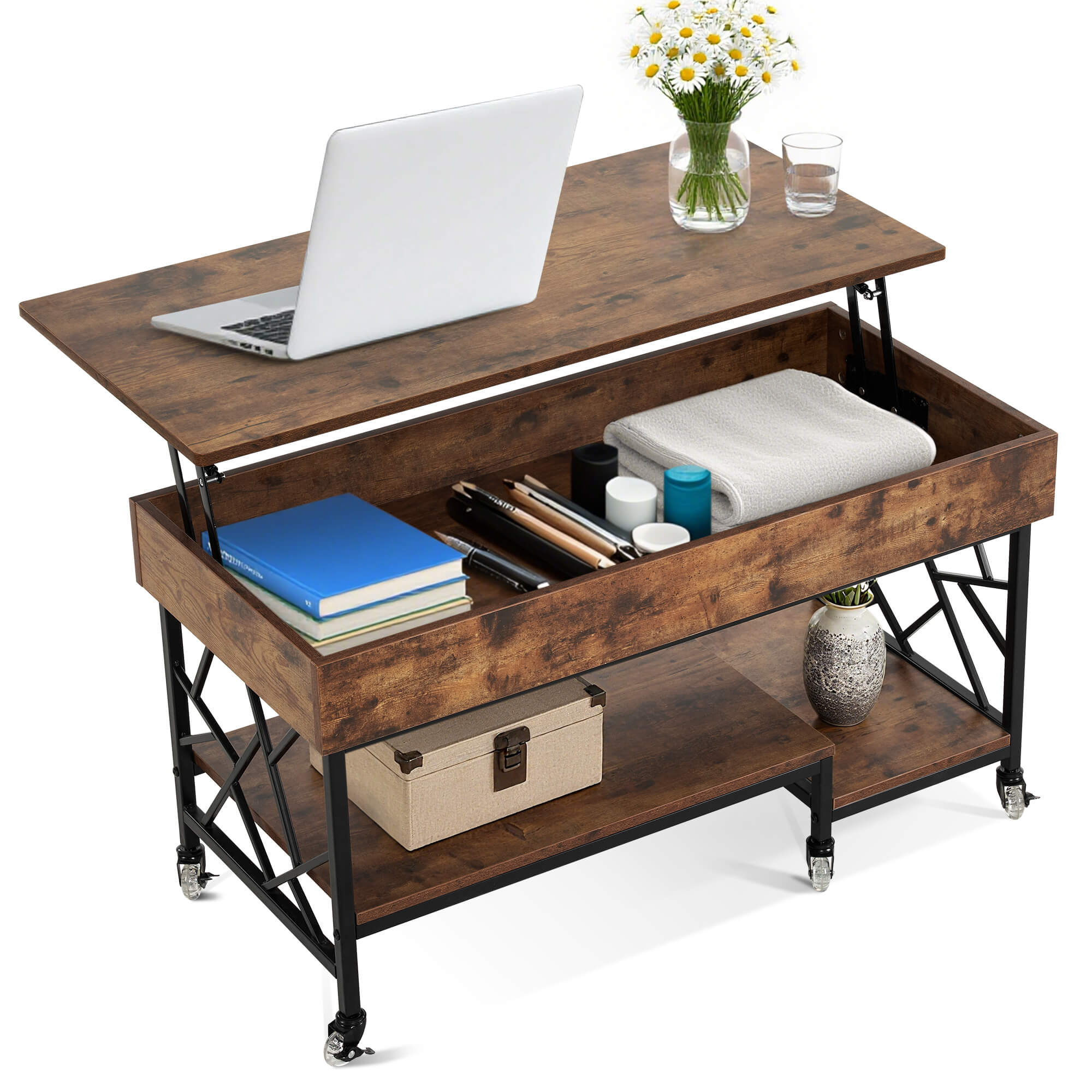 Ivinta Lift Top Coffee Table with Silicone Crystal Wheel and Metal Frame, Wooden Lift Up Central Table with Hidden Storage Compartment and Open Storage Shelf for Living Room