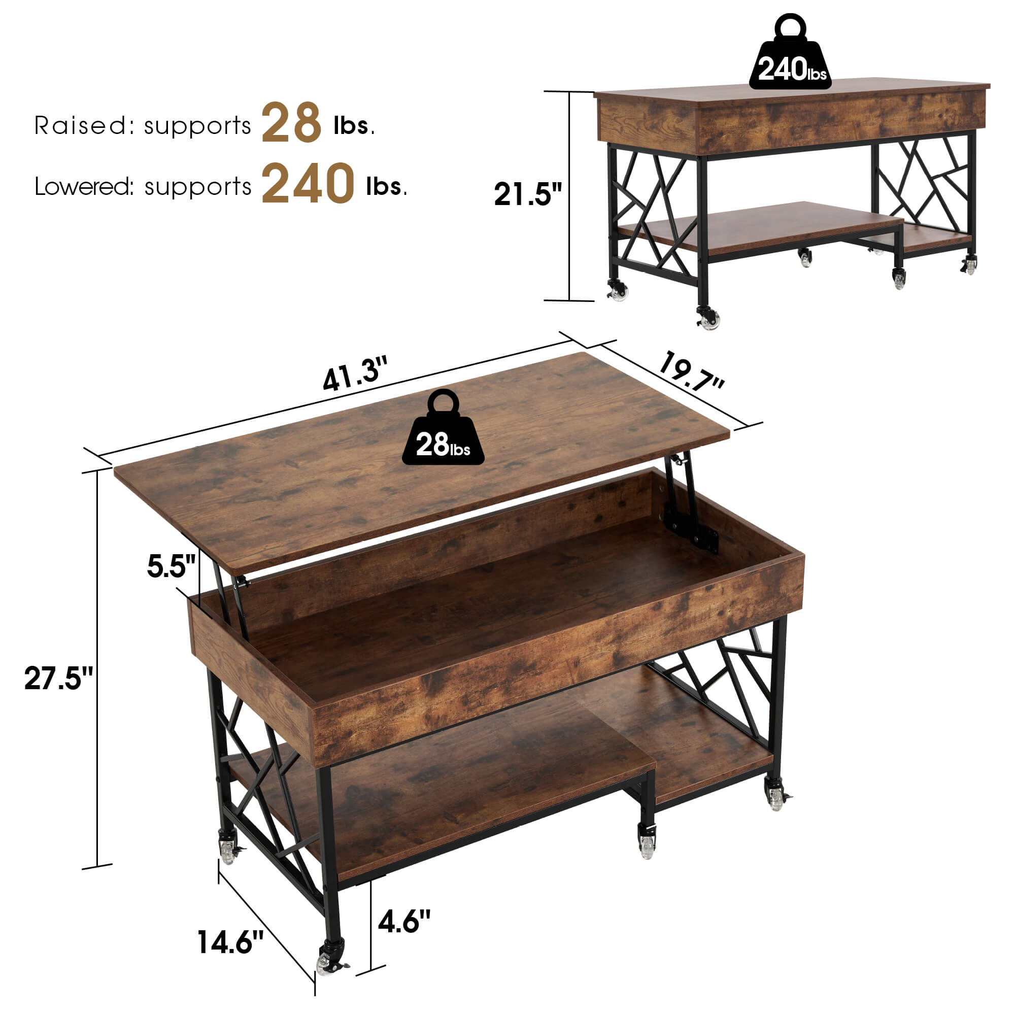 Ivinta Lift Top Coffee Table with Silicone Crystal Wheel and Metal Frame, Wooden Lift Up Central Table with Hidden Storage Compartment and Open Storage Shelf for Living Room