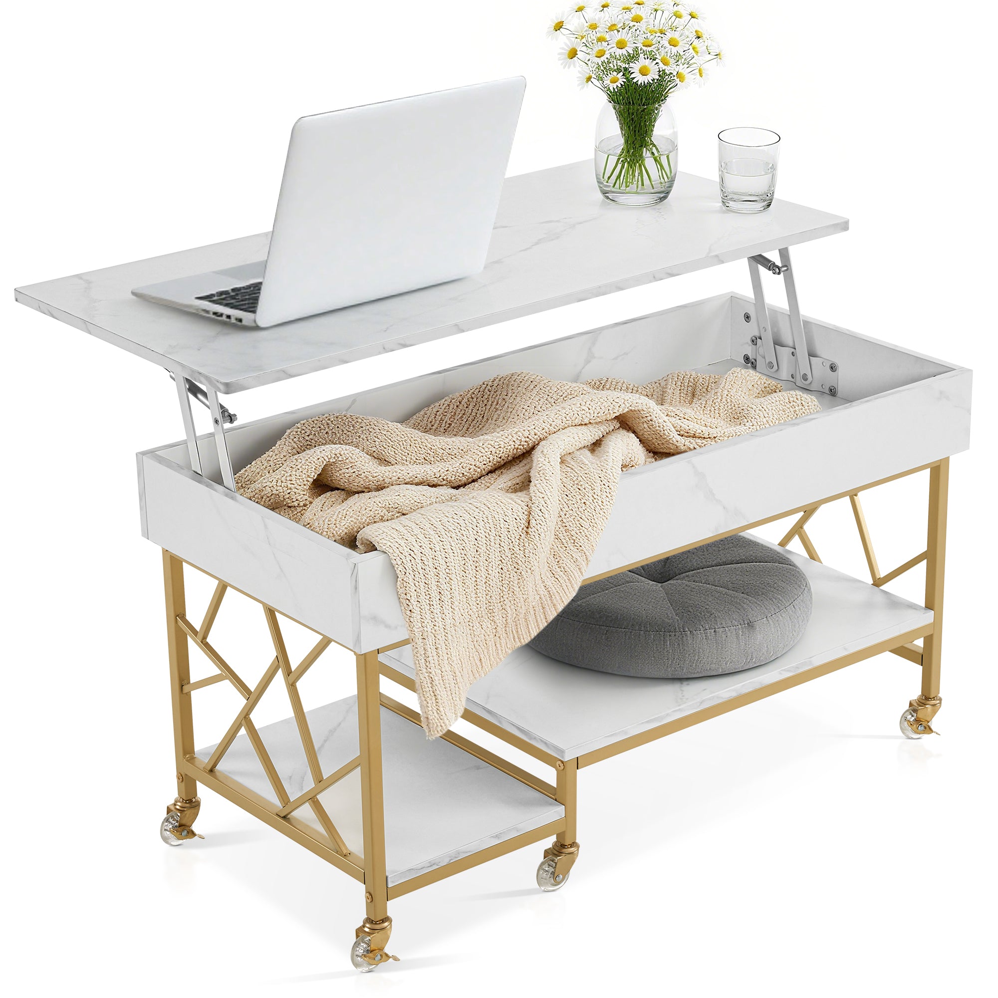 Ivinta Lift Top Coffee Table with Silicone Crystal Wheel and Metal Frame, Wooden Lift Up Central Table with Hidden Storage Compartment and Open Storage Shelf for Living Room