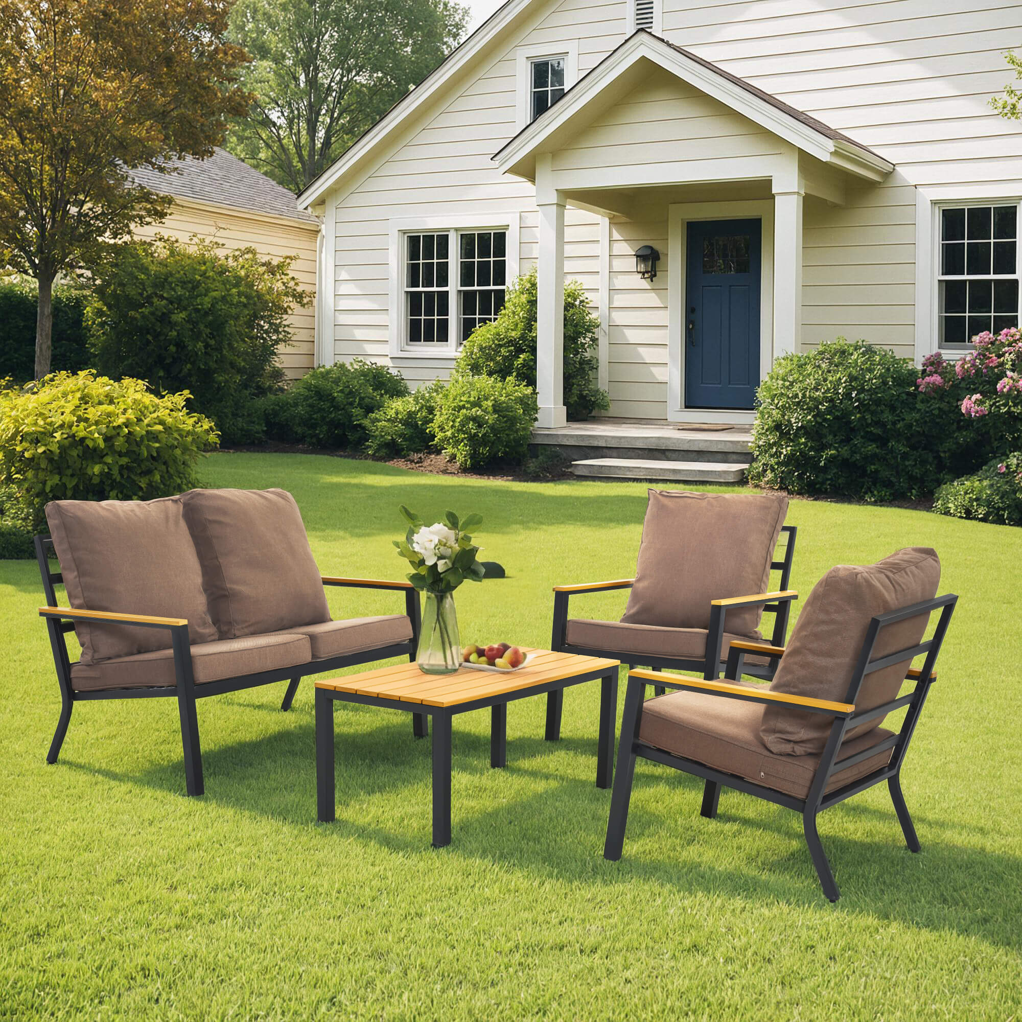 ivinta 4-Piece Patio Furniture Set with Coffee Table, Thickened Cushions and Iron Frame, Outdoor Conversation Set for Backyard, Porch, Garden, Balcony