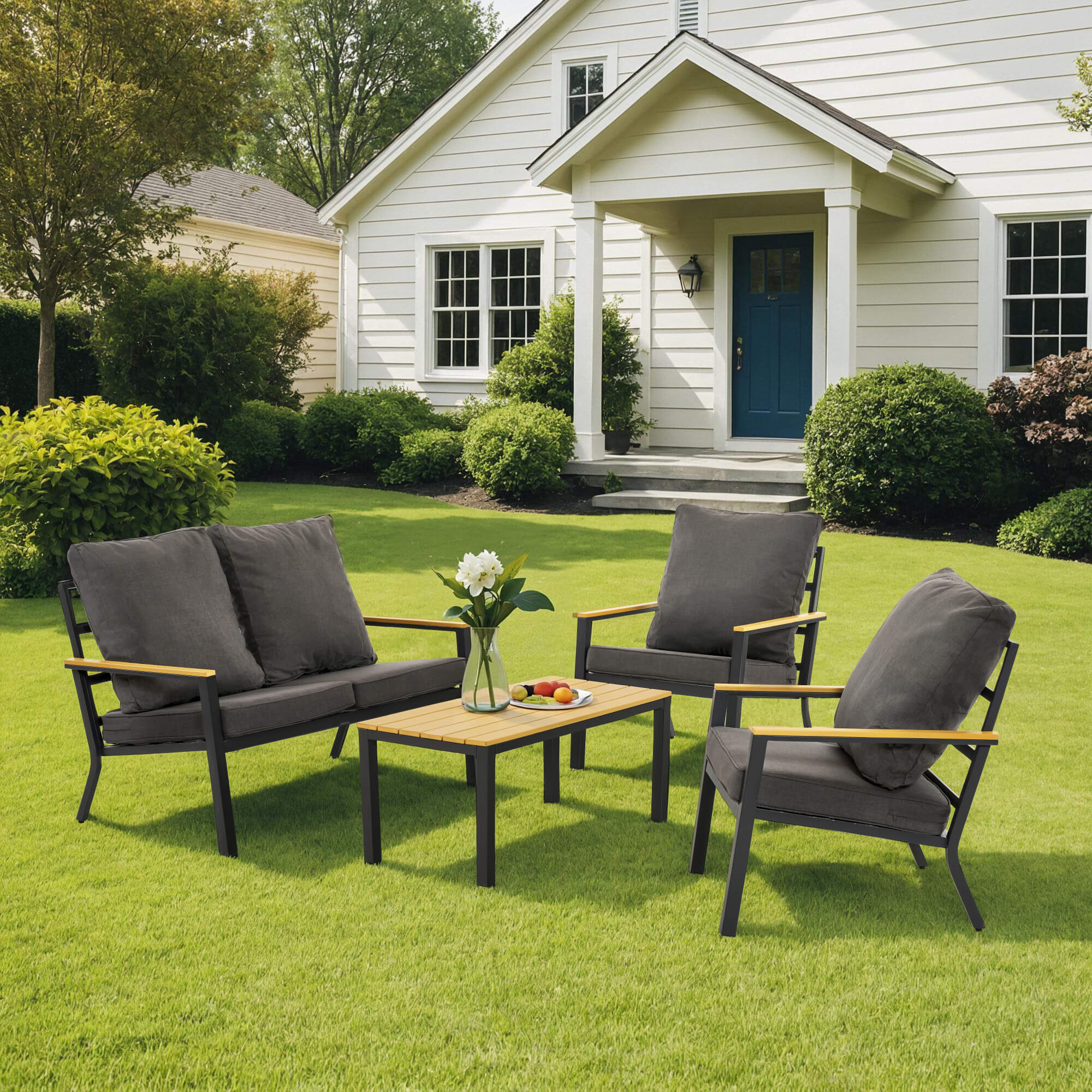 ivinta 4-Piece Patio Furniture Set with Coffee Table, Thickened Cushions and Iron Frame, Outdoor Conversation Set for Backyard, Porch, Garden, Balcony