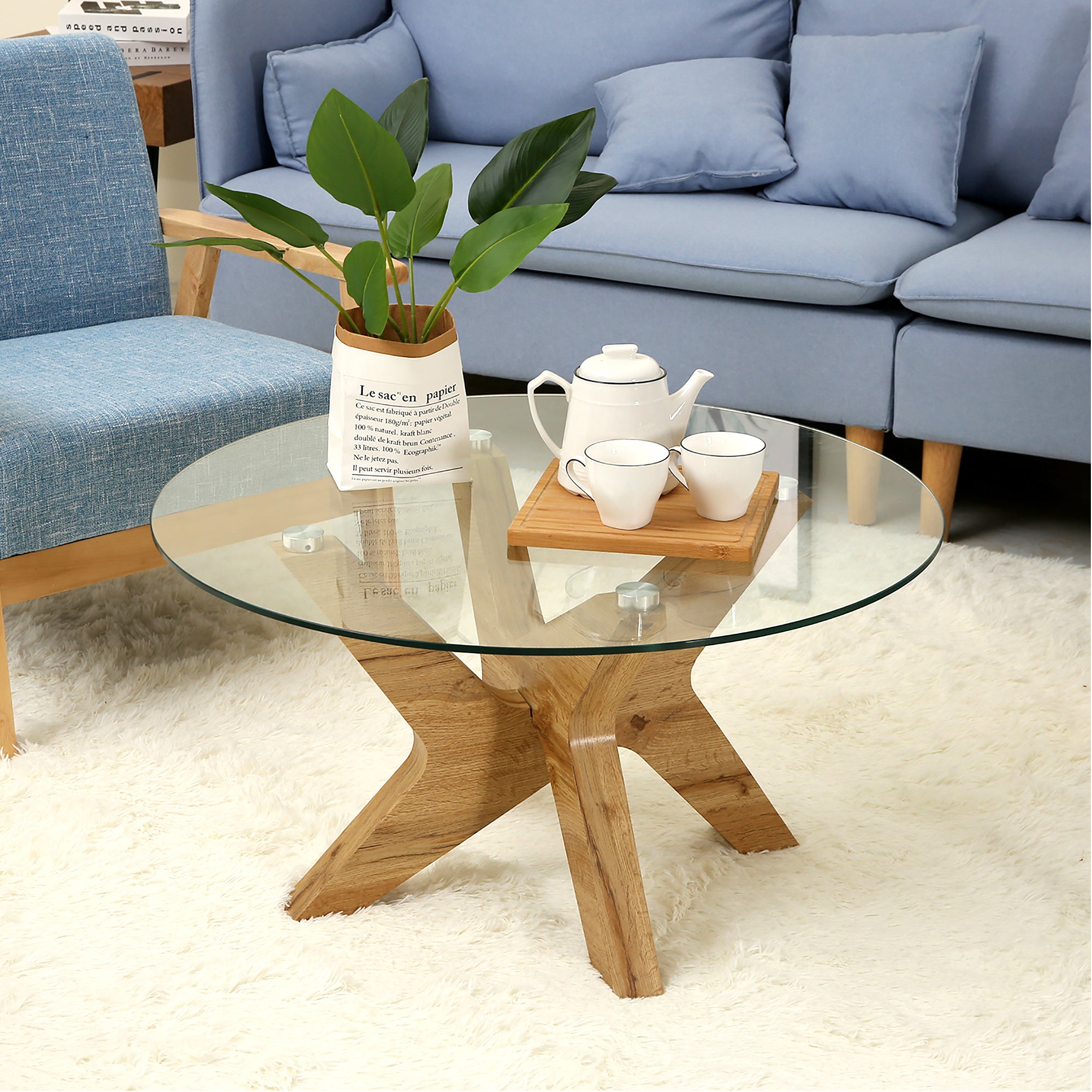 ivinta Round Glass Coffee Table, 31.5" Modern Small Center Table with Tempered Glass Top and MDF Legs for Living Room, Bedroom, Office
