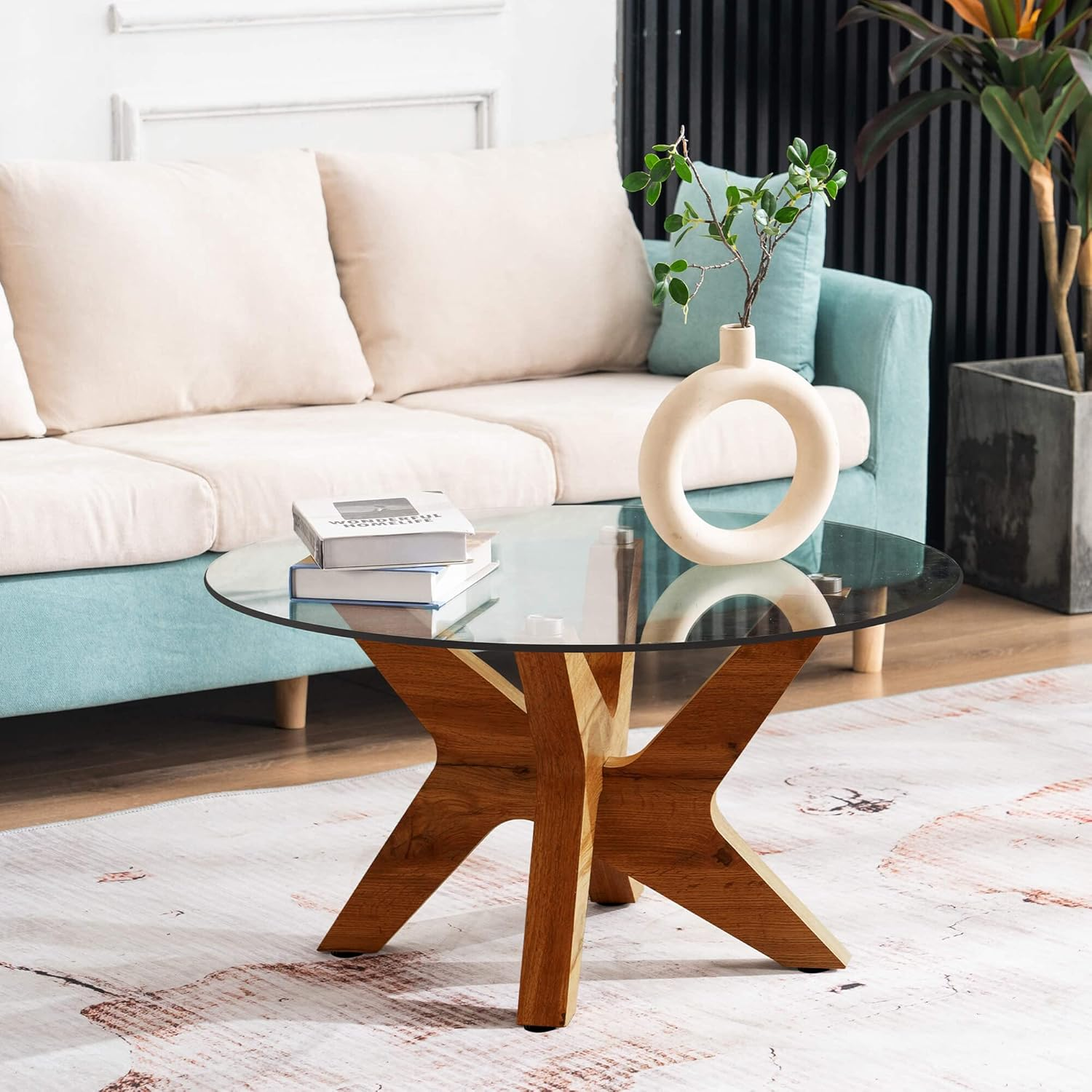 ivinta Round Glass Coffee Table, 31.5" Modern Small Center Table with Tempered Glass Top and MDF Legs for Living Room, Bedroom, Office