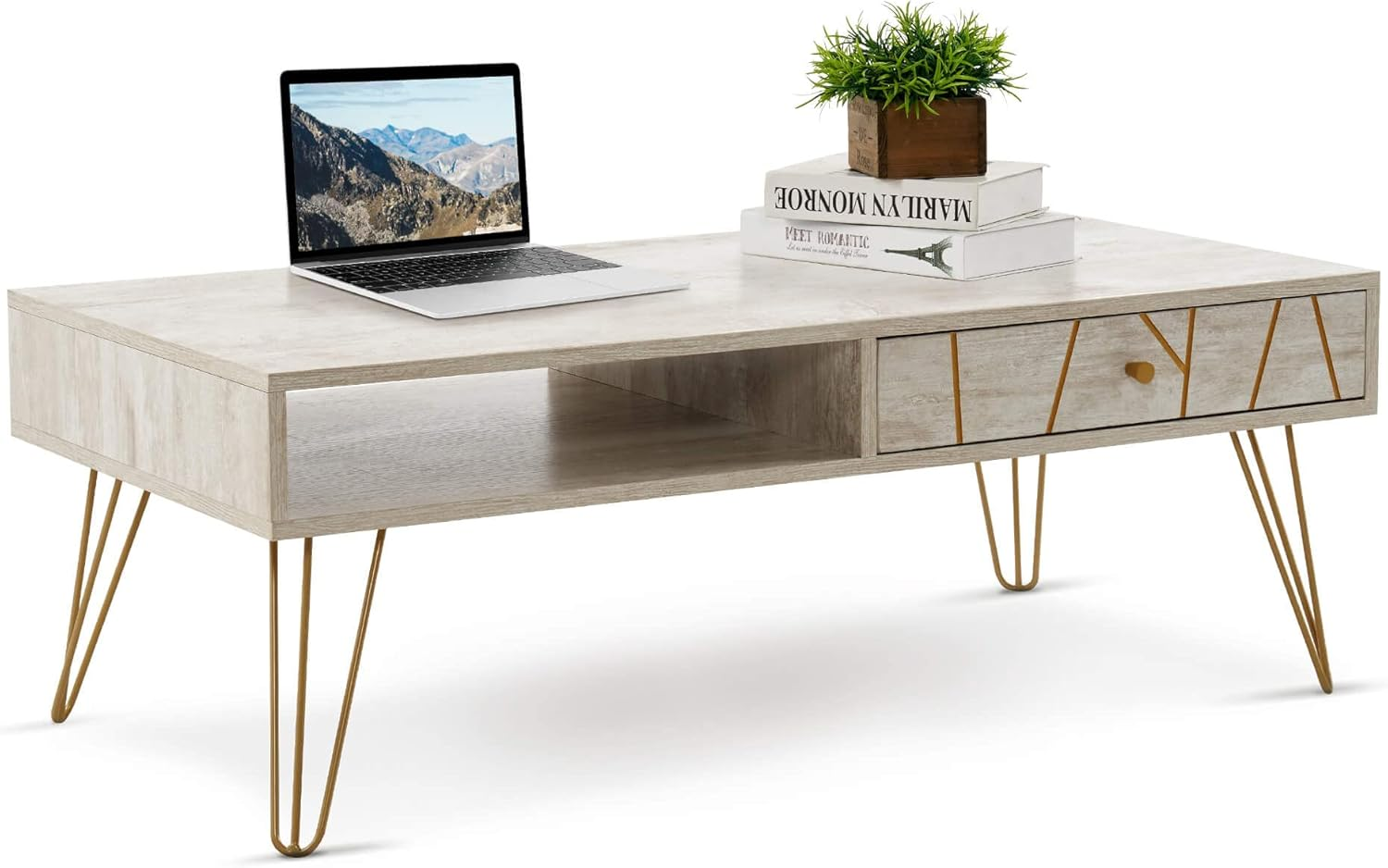 ivinta Coffee Table with Storage, Mid-Century Modern Wood Tea Table with Metal Legs, Industrial Low TV Stand with Drawers