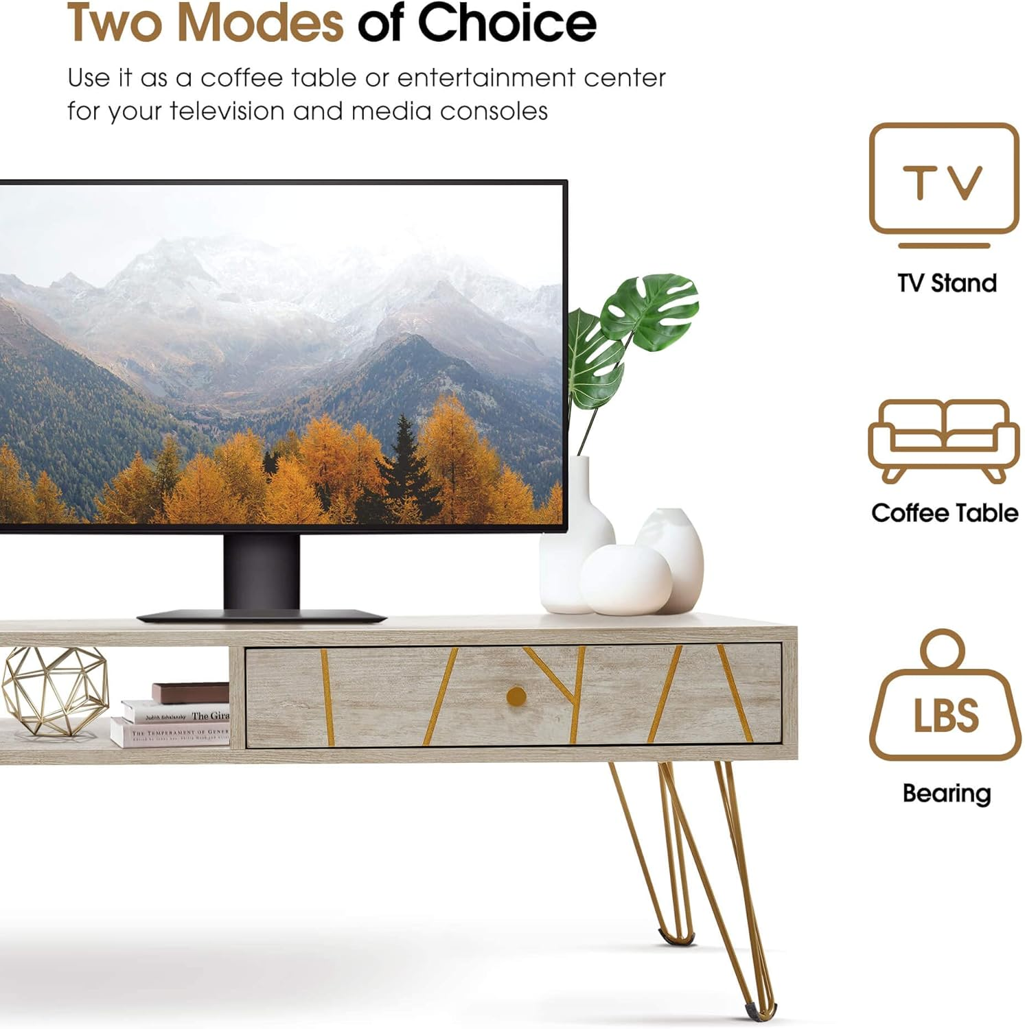 ivinta Coffee Table with Storage, Mid-Century Modern Wood Tea Table with Metal Legs, Industrial Low TV Stand with Drawers