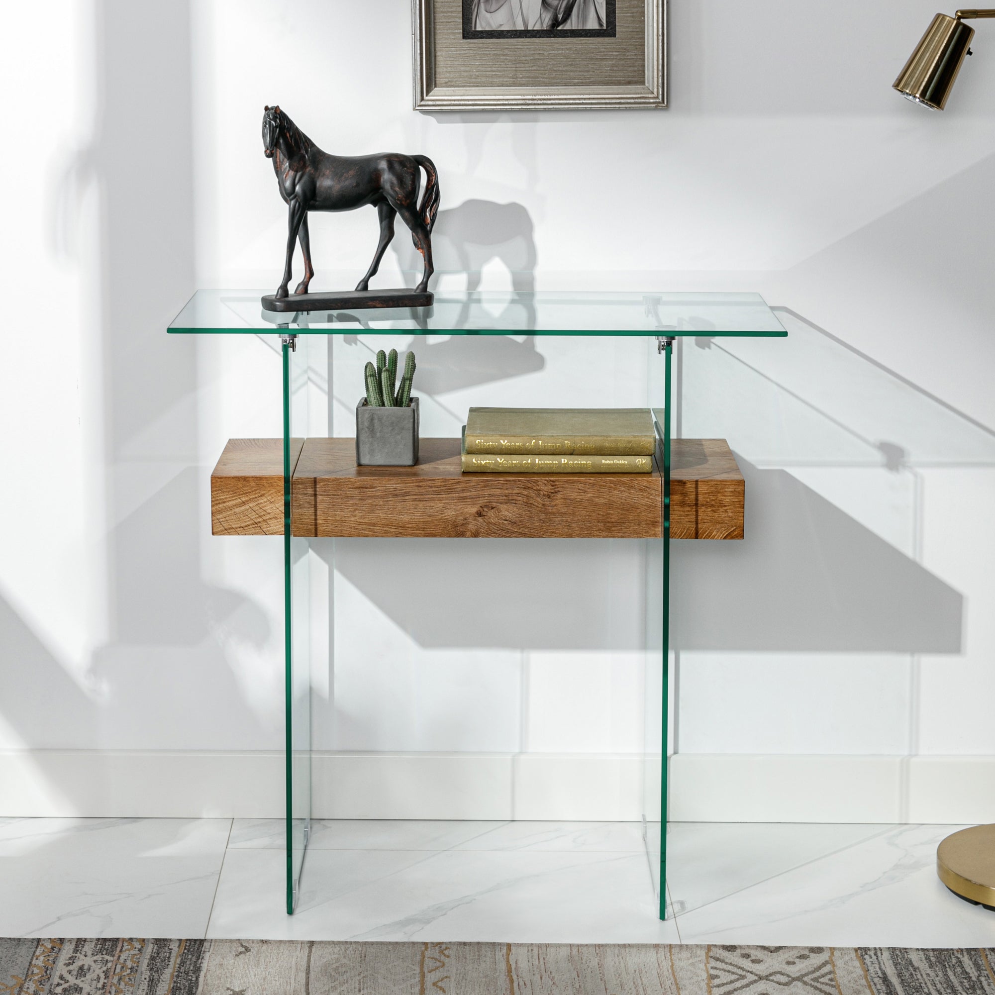 ivinta Narrow Glass Console Table with Storage, 31.5'' Modern Sofa Table for Small Space, Small Entryway Table with Natural Wood Shelves for Living Room, Hallway