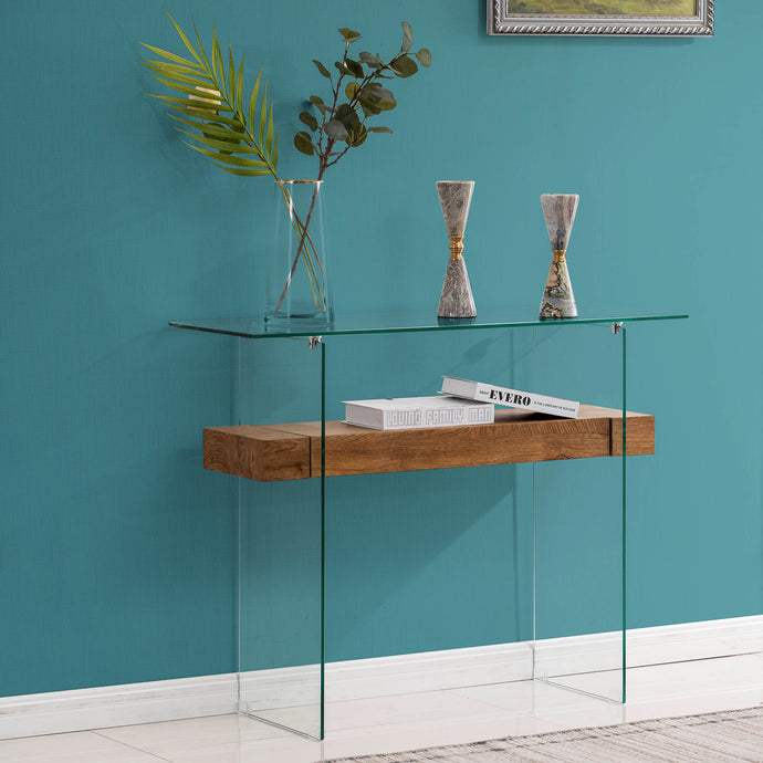 Ivinta Narrow Glass Console Table with Storage Modern Sofa Table Entryway Table Glass Writing Desk