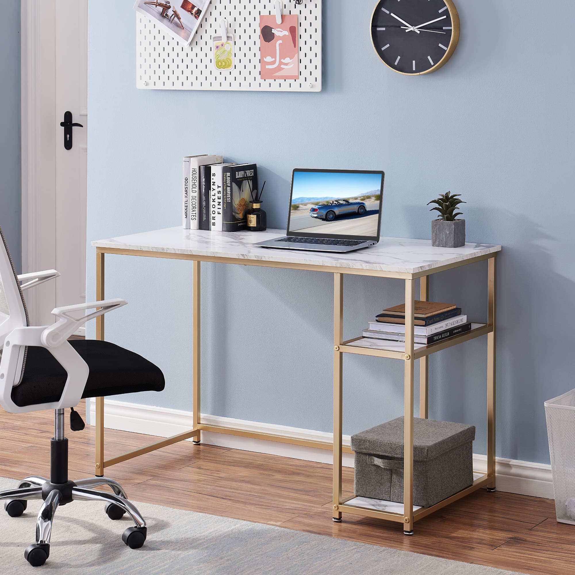 Ivinta Computer Desk with Drawers, 52 Inches Office Desk with Hutch and Printer Shelf, Modern Writing Desk - Brown