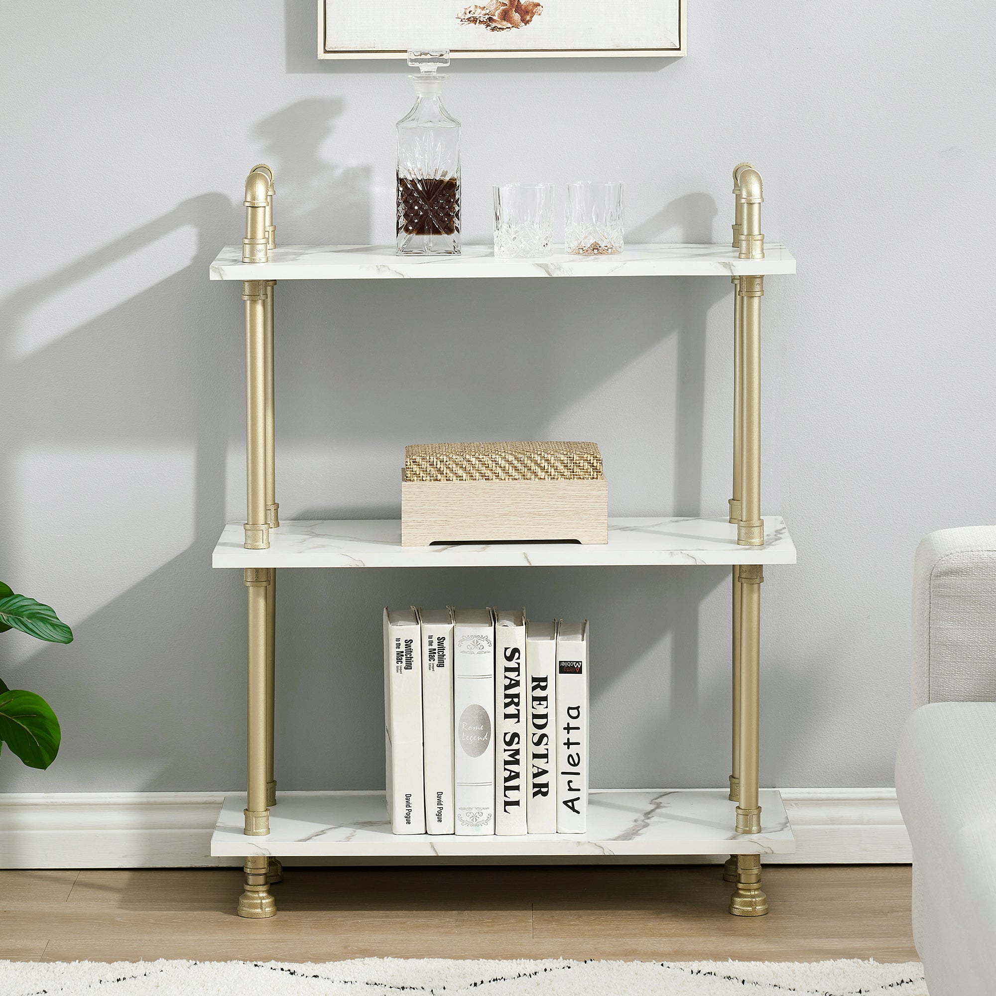 Ivinta Corner Bookshelf with Storage, Wall Mount Pipe Open Shelves, White Corner Shelf Stand, Gold Metal Bookcase, Modern Shelf Organizer Display