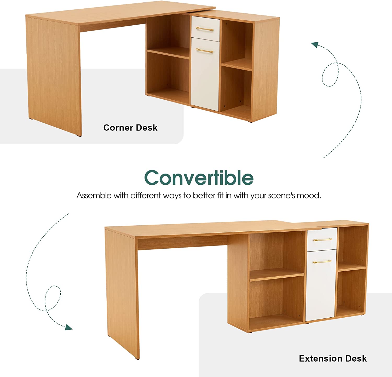 ivinta Convertible Executive Desk, L Shaped Computer Office Desk Wood Corner Deak with Storage Drawer