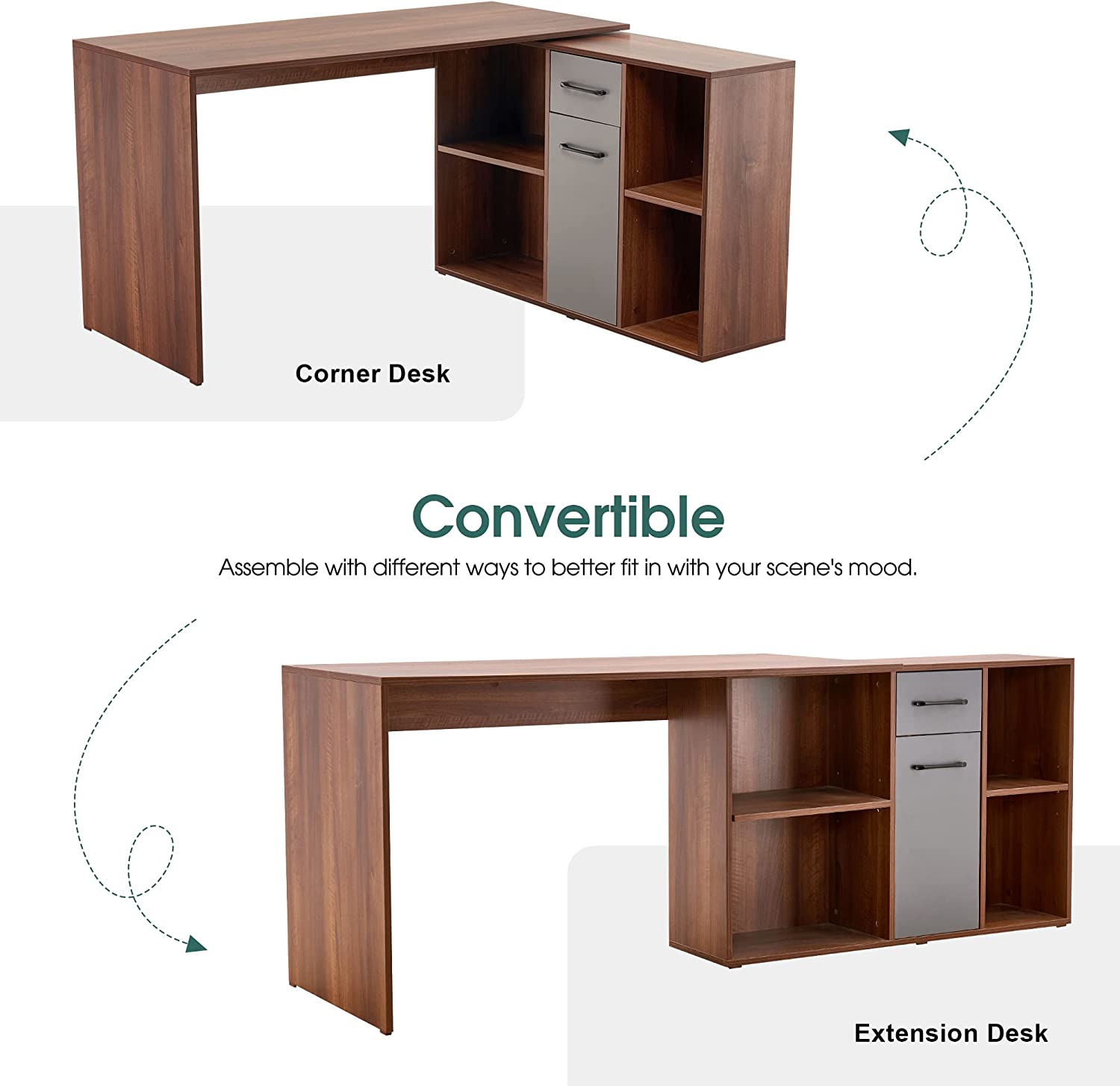 ivinta Convertible Executive Desk, L Shaped Computer Office Desk Wood Corner Deak with Storage Drawer