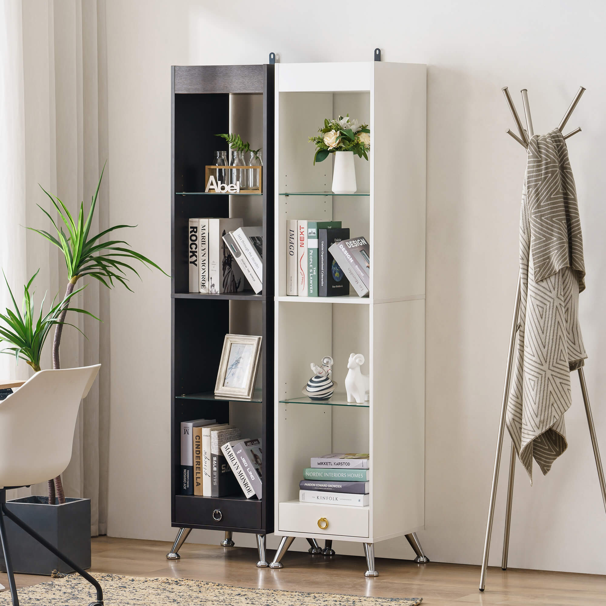 Ivinta tall bookshelf for small spaces, narrow bookcase with adjustable glass display shelf