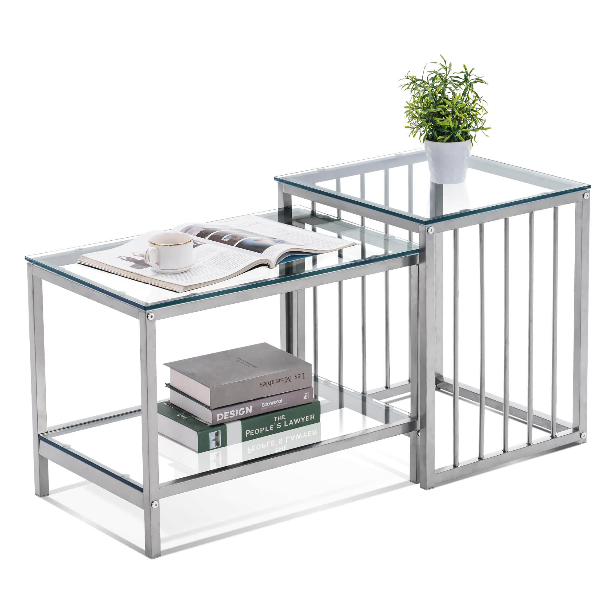 Ivinta Rectangle Nesting Coffee Tables, Modern Square Glass Coffee and End Table Set for Living Room