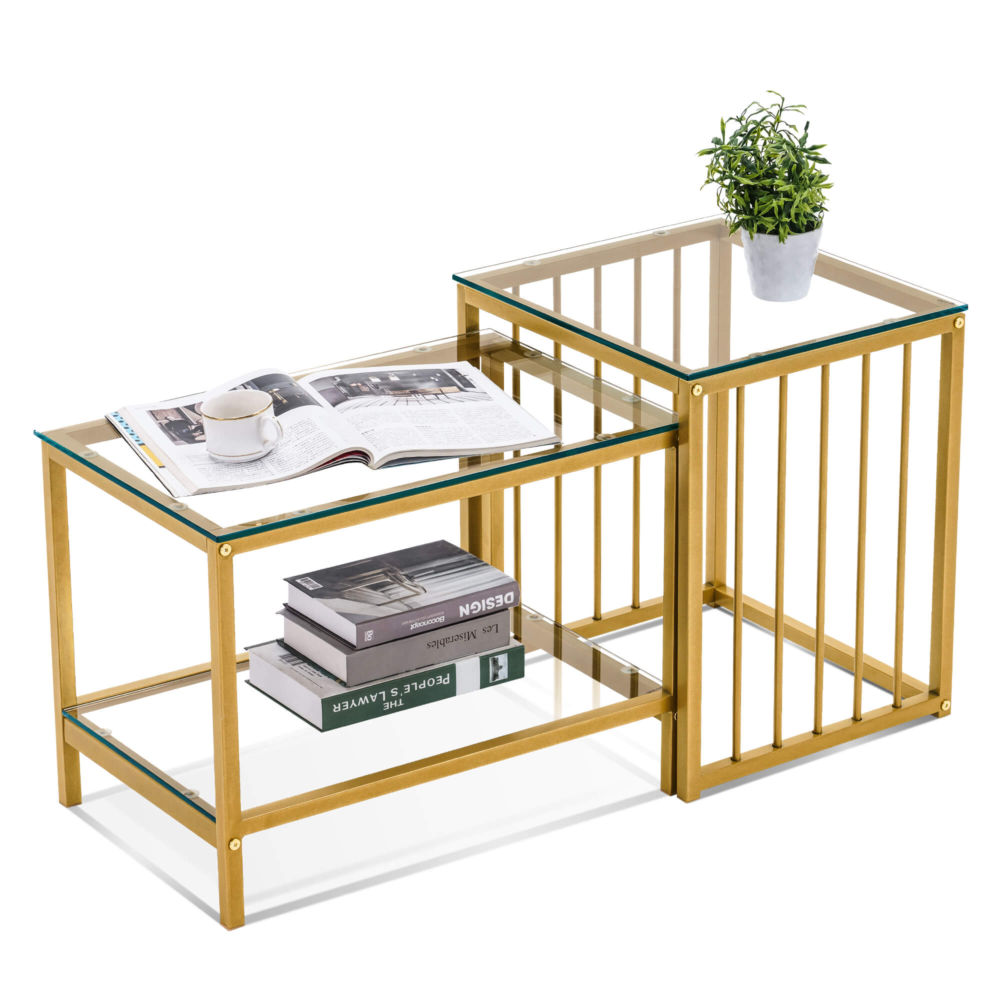 Ivinta Rectangle Nesting Coffee Tables, Modern Square Glass Coffee and End Table Set for Living Room