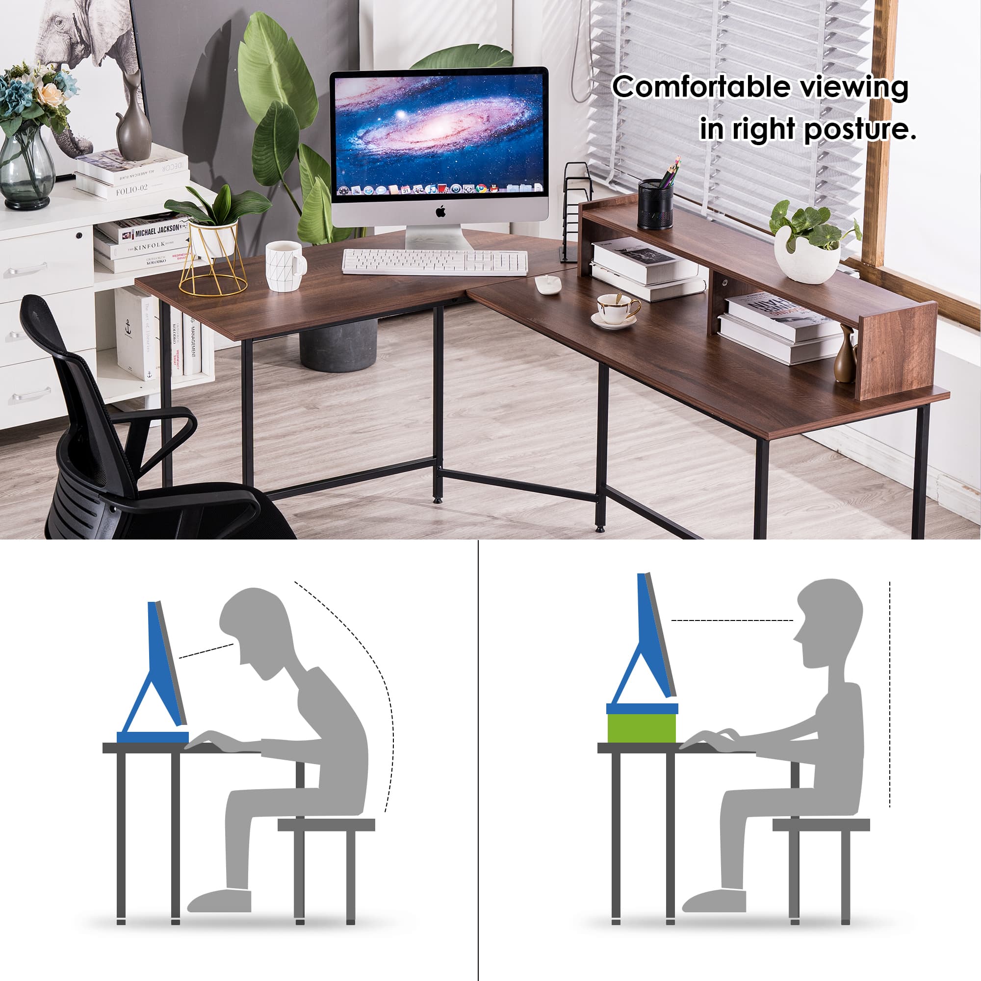 Ivinta Modern L-Shaped Computer Office Desk, Gaming Corner Desk with Monitor Stand