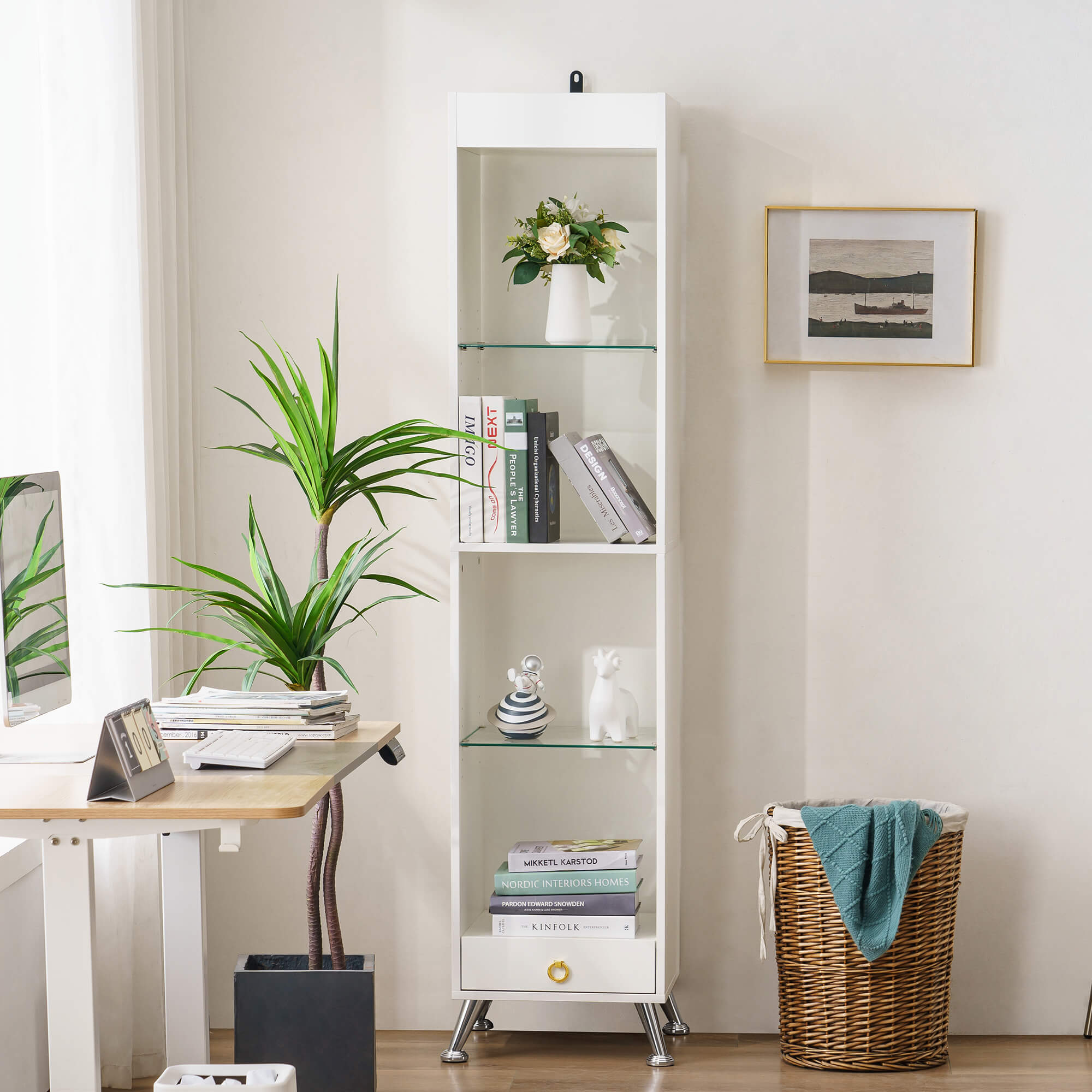 Ivinta Tall Bookshelf for Small Spaces, Narrow Bookcase with Adjustable Glass Display Shelf
