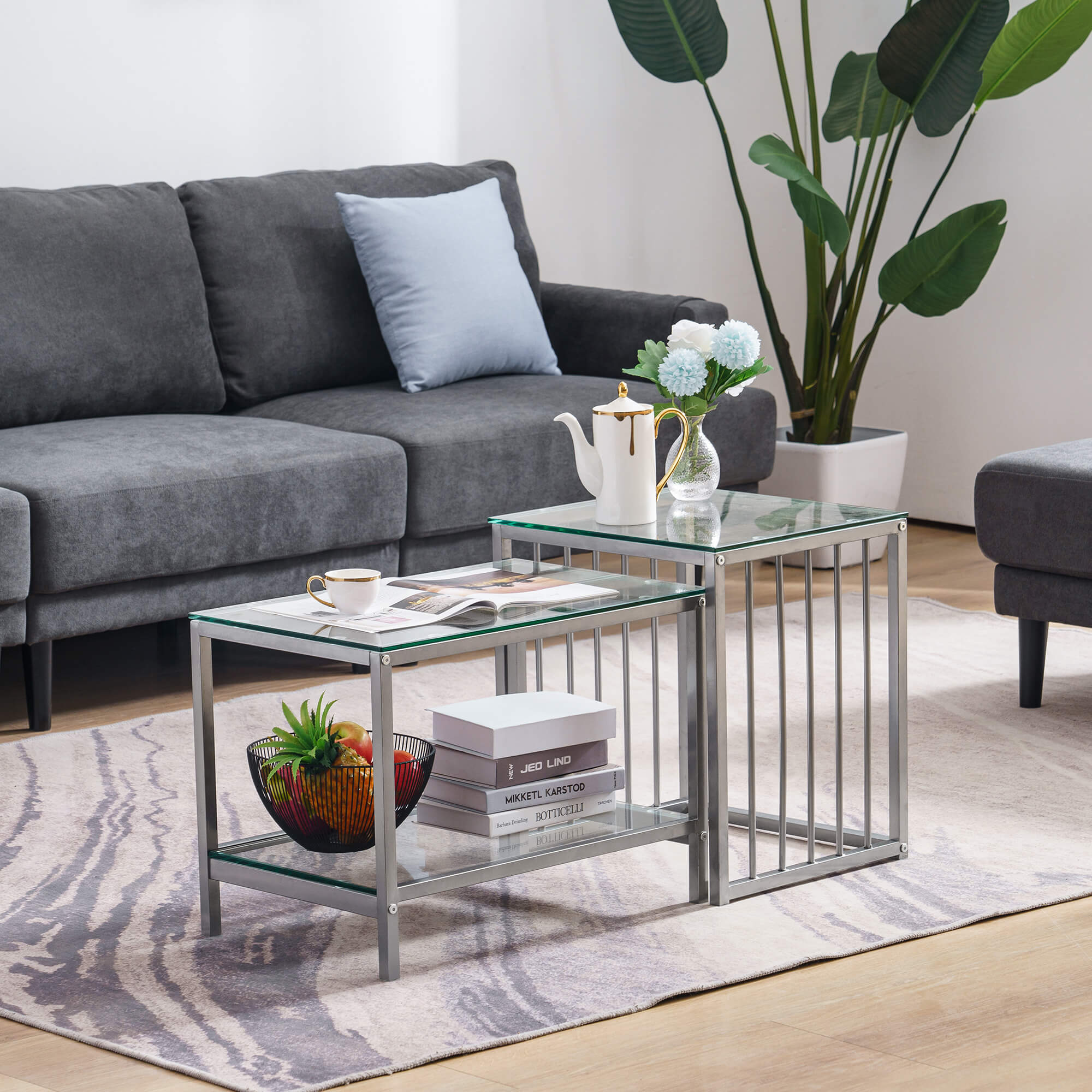 Ivinta Rectangle Nesting Coffee Tables, Modern Square Glass Coffee and End Table Set for Living Room