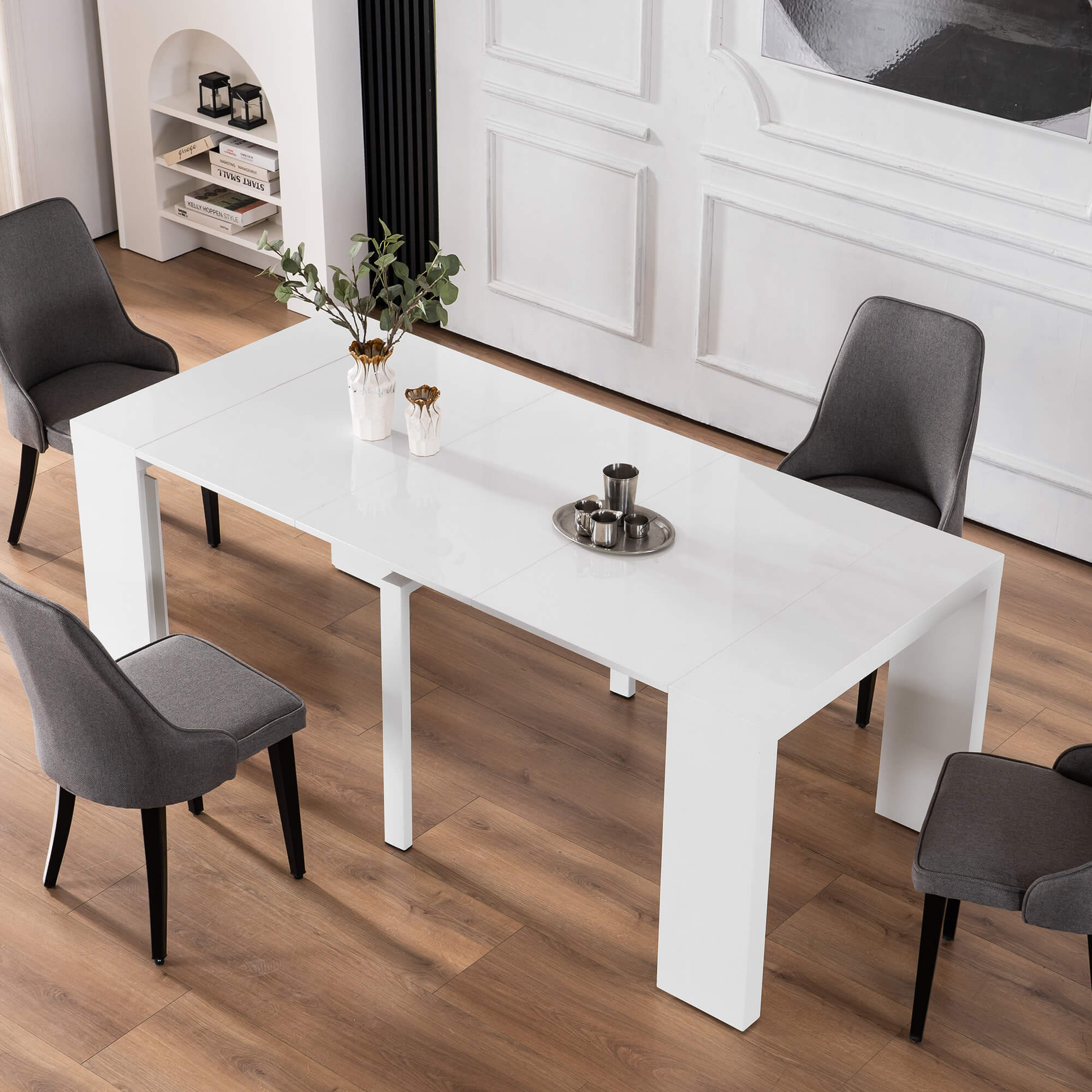 Ivinta Expandable Dining Table with Leaf, Rectangular White Wood Dining Table