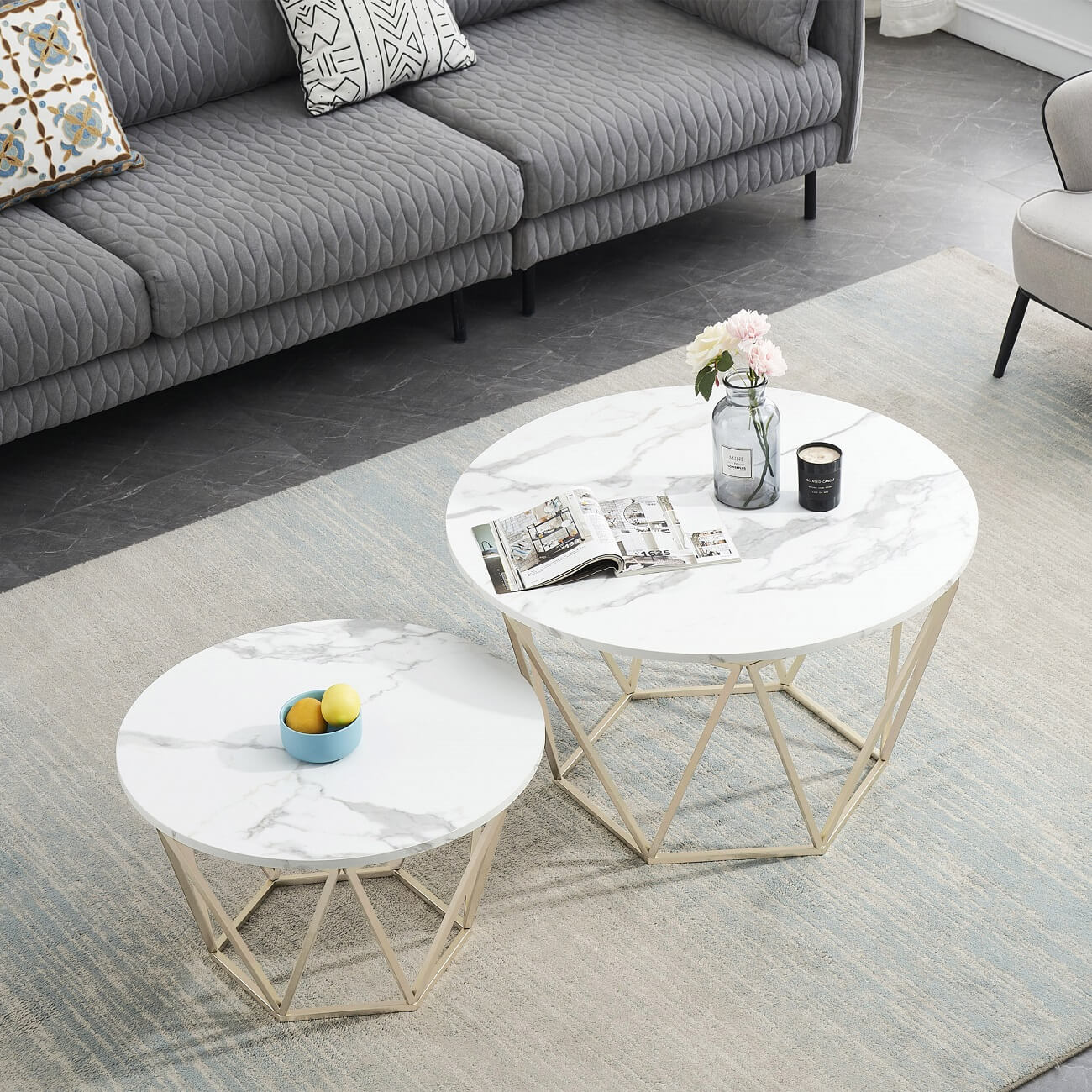 Ivinta Round Nesting Table Set, Modern Tempered Glass Coffee Tables for Living Room