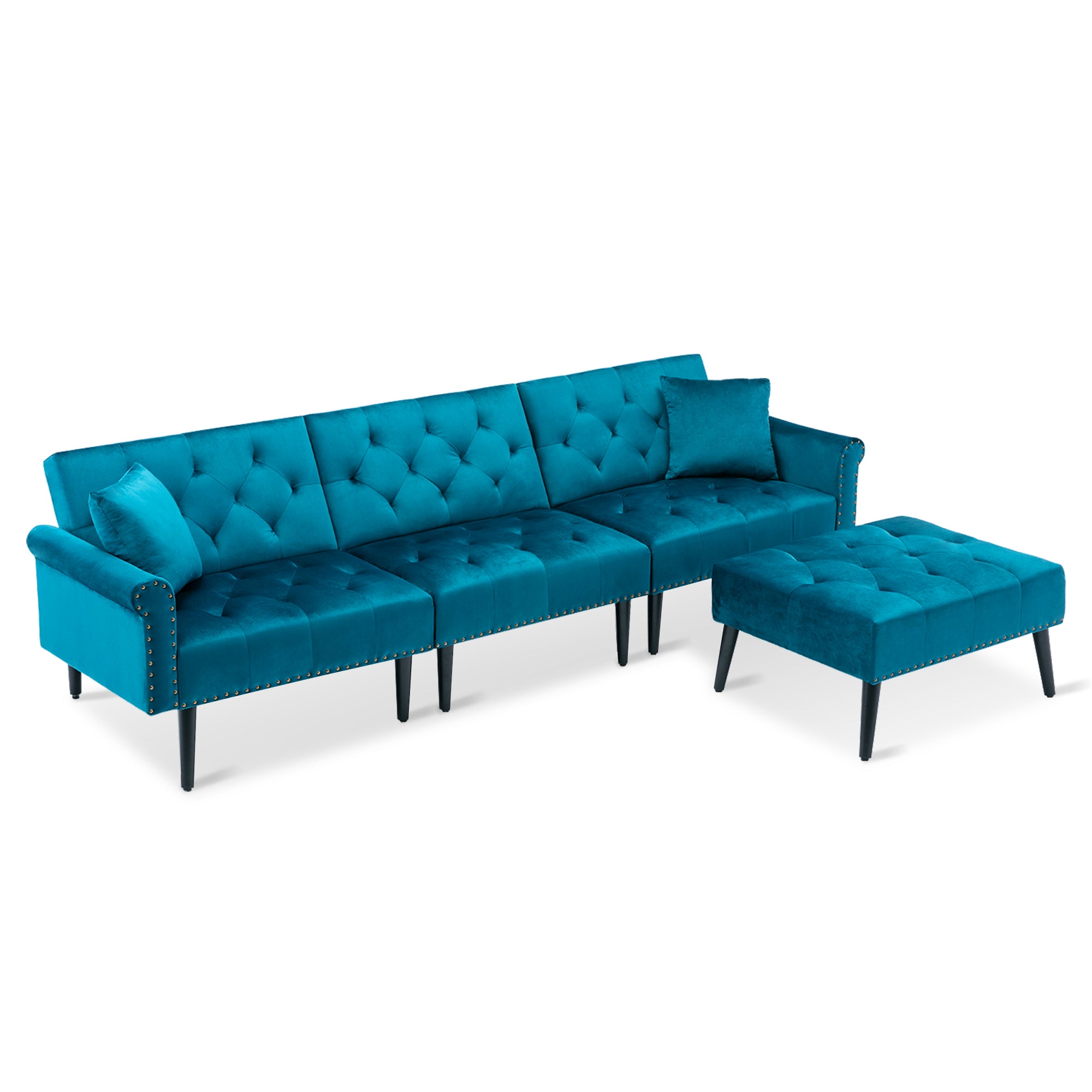 Ivinta Convertible Velvet Sofa Couch, Sectional Sofa with Ottoman, Mid-Century Upholstered Comfy Futon Sofa Bed