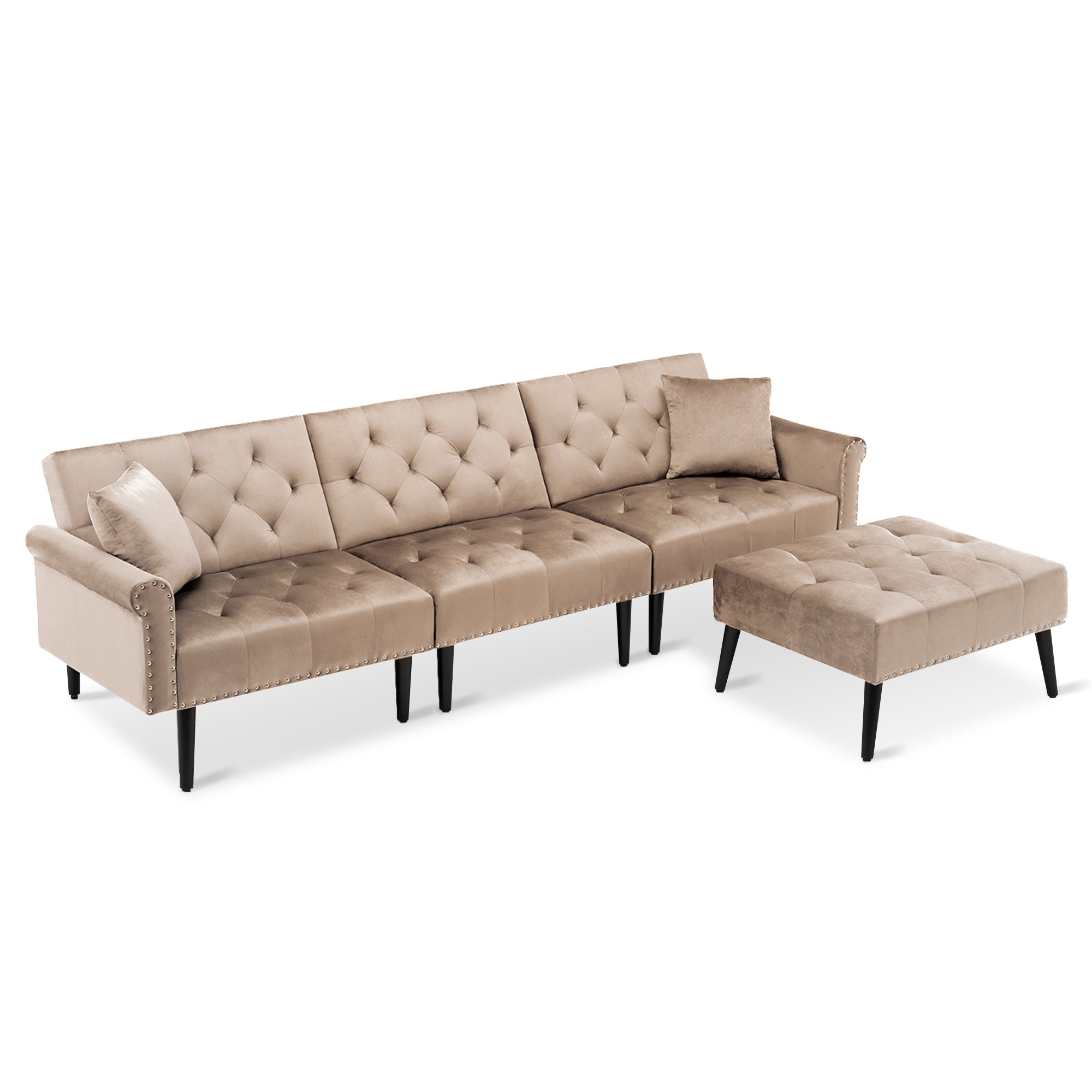 Ivinta Convertible Velvet Sofa Couch, Sectional Sofa with Ottoman, Mid-Century Upholstered Comfy Futon Sofa Bed