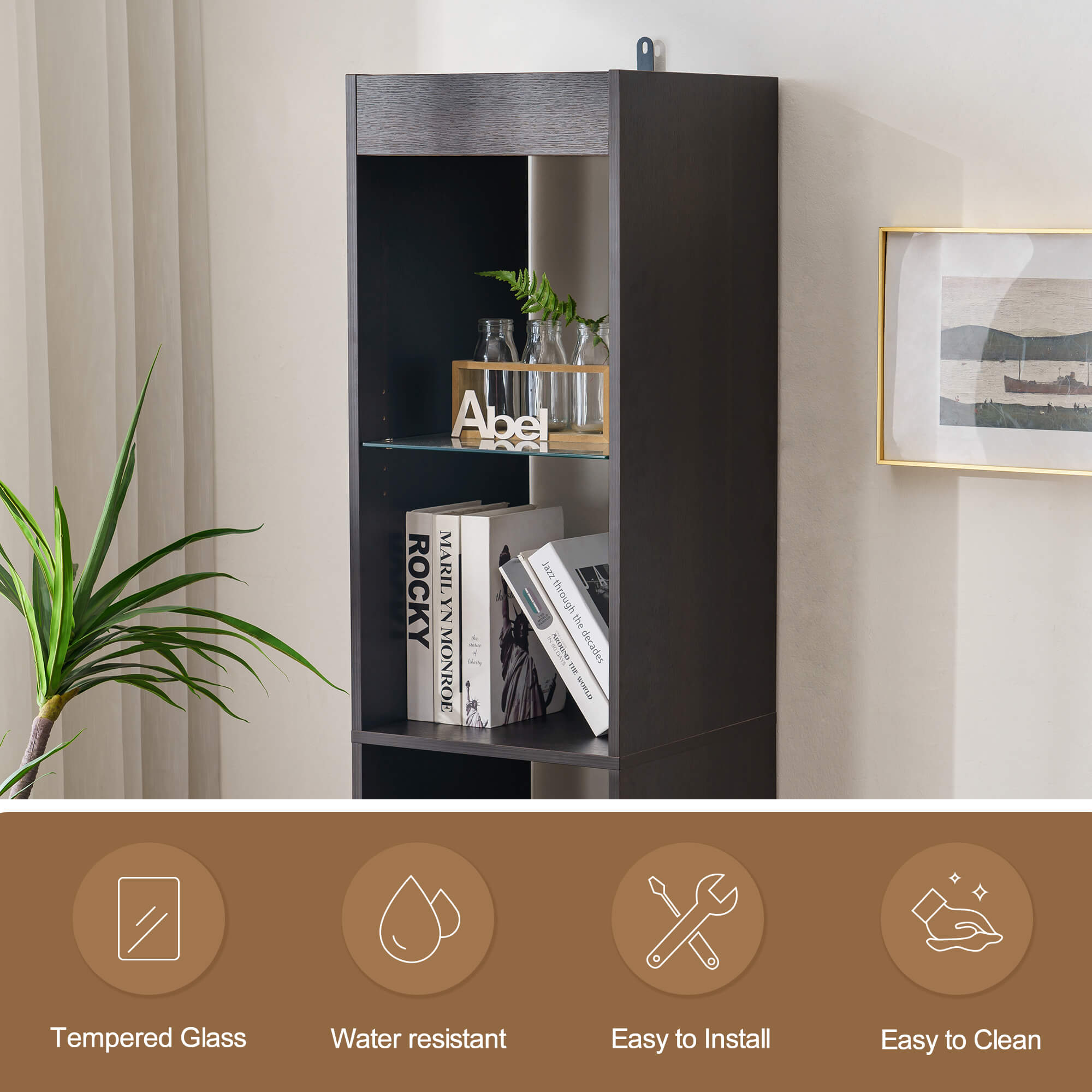 Ivinta tall bookshelf for small spaces, narrow bookcase with adjustable glass display shelf