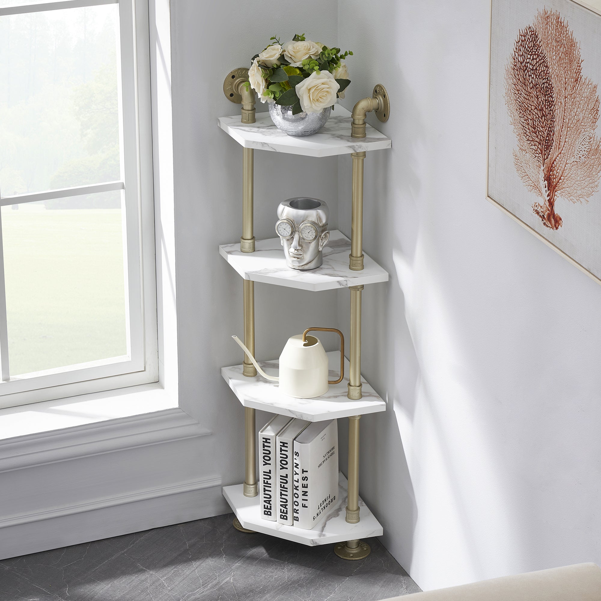 Ivinta Corner Bookshelf with Storage, Wall Mount Pipe Open Shelves, White