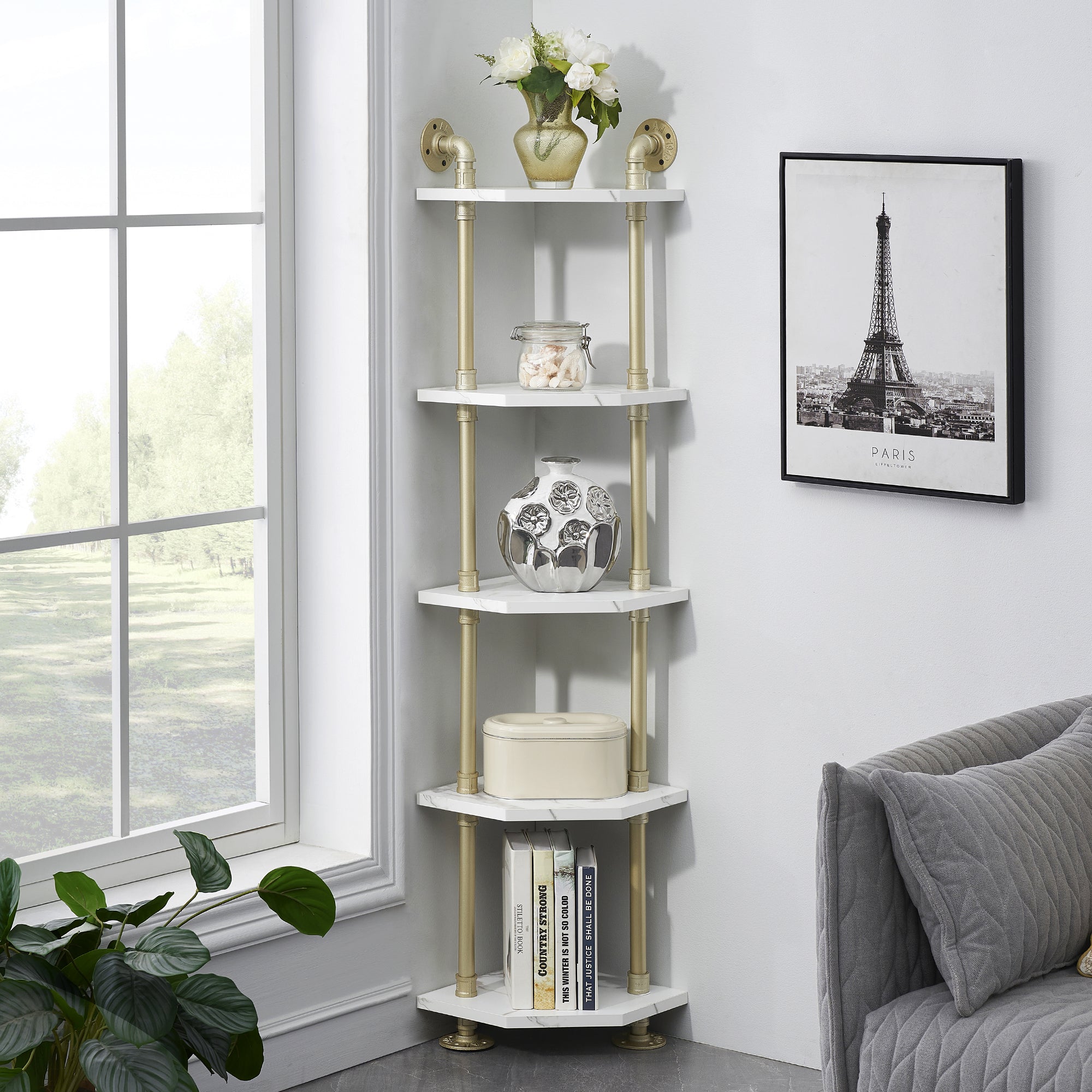 Ivinta Corner Bookshelf with Storage, Wall Mount Pipe Open Shelves, White