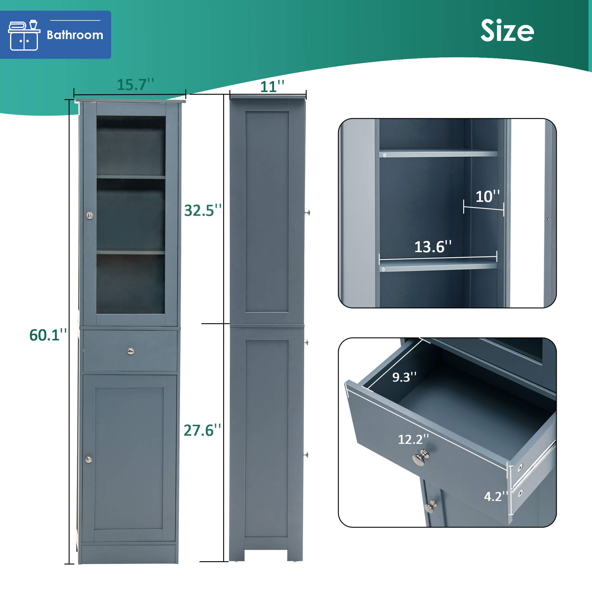 Ivinta Bathroom Storage Cabinet, Floor Standing Organizer Cabinet, Slim Bathroom Tower Cabinet
