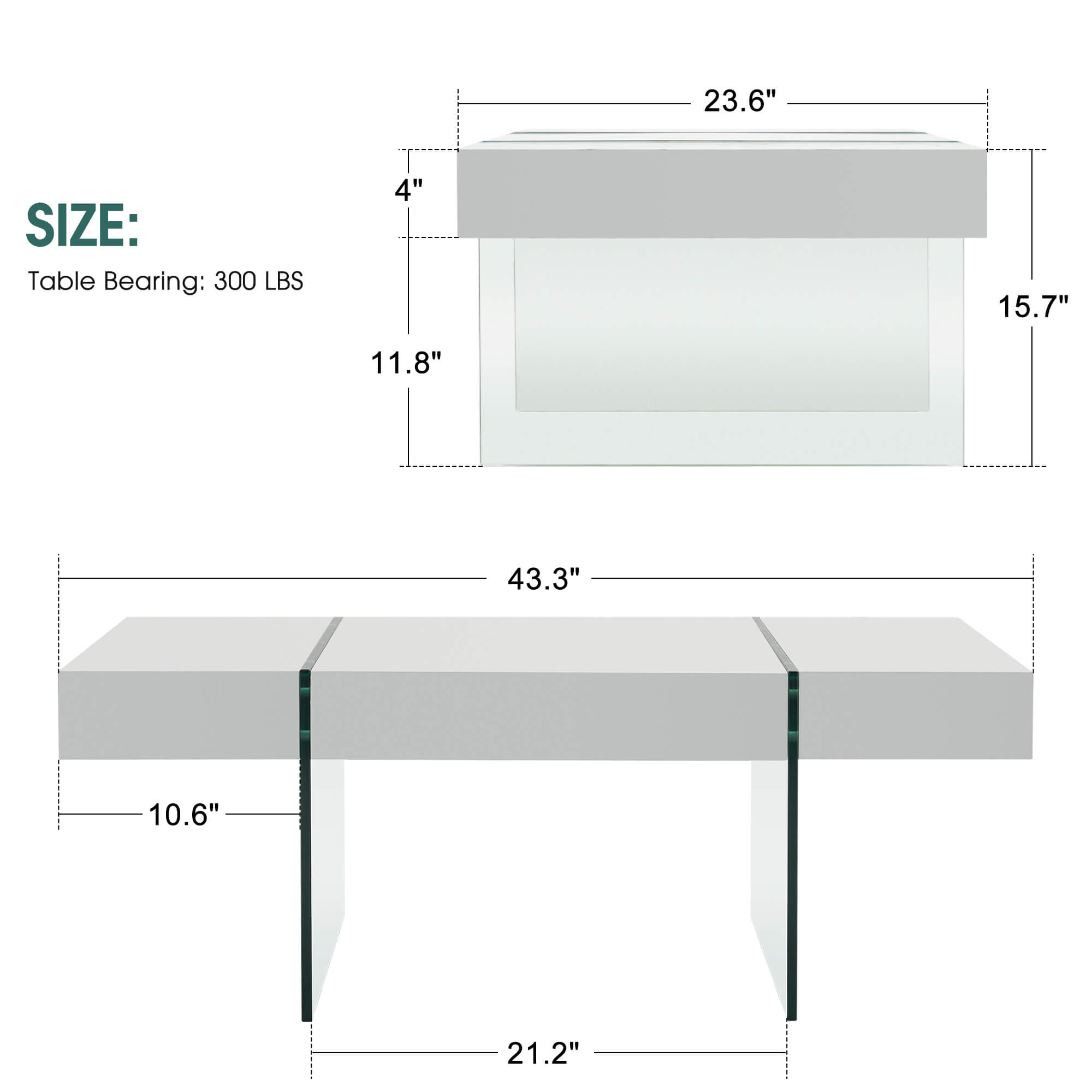 ivinta Rectangle Coffee Table, White High Gloss Coffee Table with Tempered Glass Legs