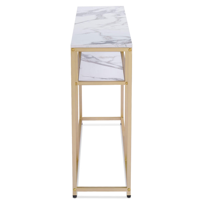 Ivinta Narrow Console Table, White Marble Sofa Table Small TV Entryway Table with Storage Shelf