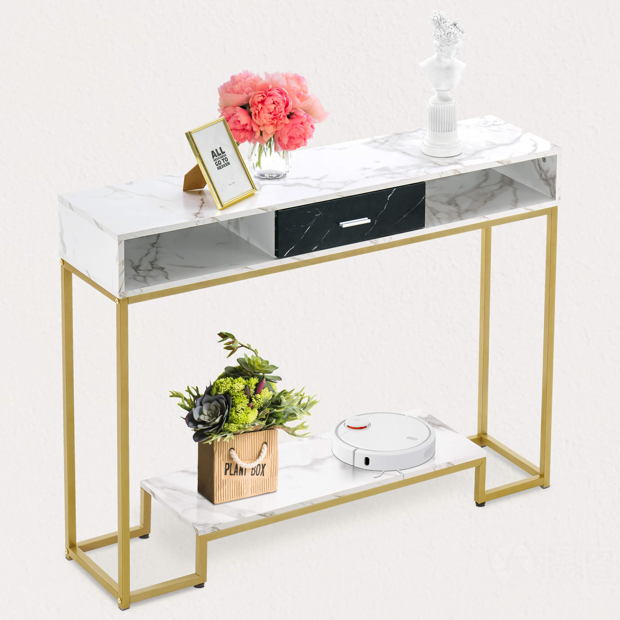 ivinta Console Table with Drawers, Gold Entryway Table with Shoe Storage, Narrow Long Sofa Tables