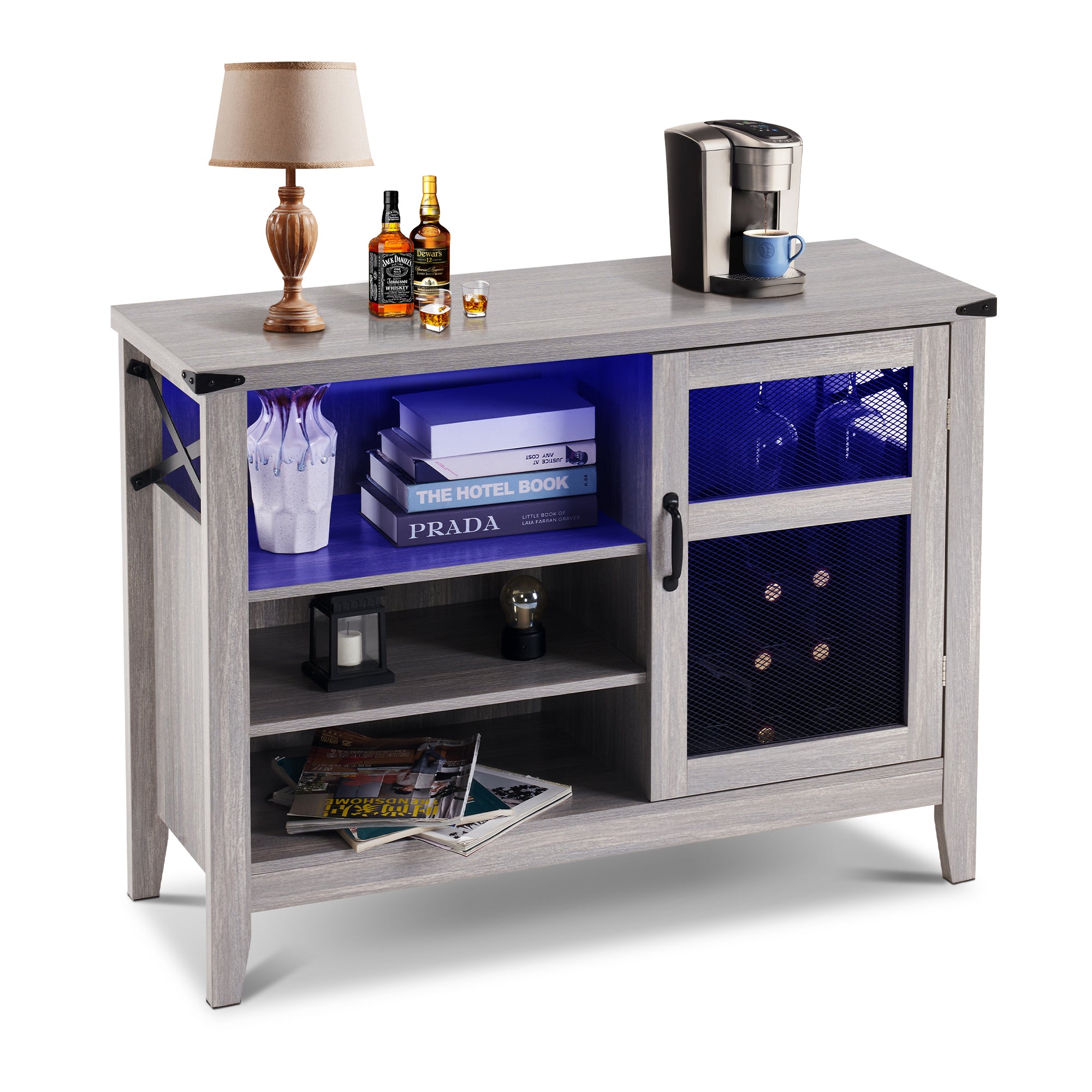 Ivinta Wine Bar Cabinet with LED Lights, Industrial Wine Cabinet for Liquor and Glasses, Rustic Wood Coffee Bar Cabinet
