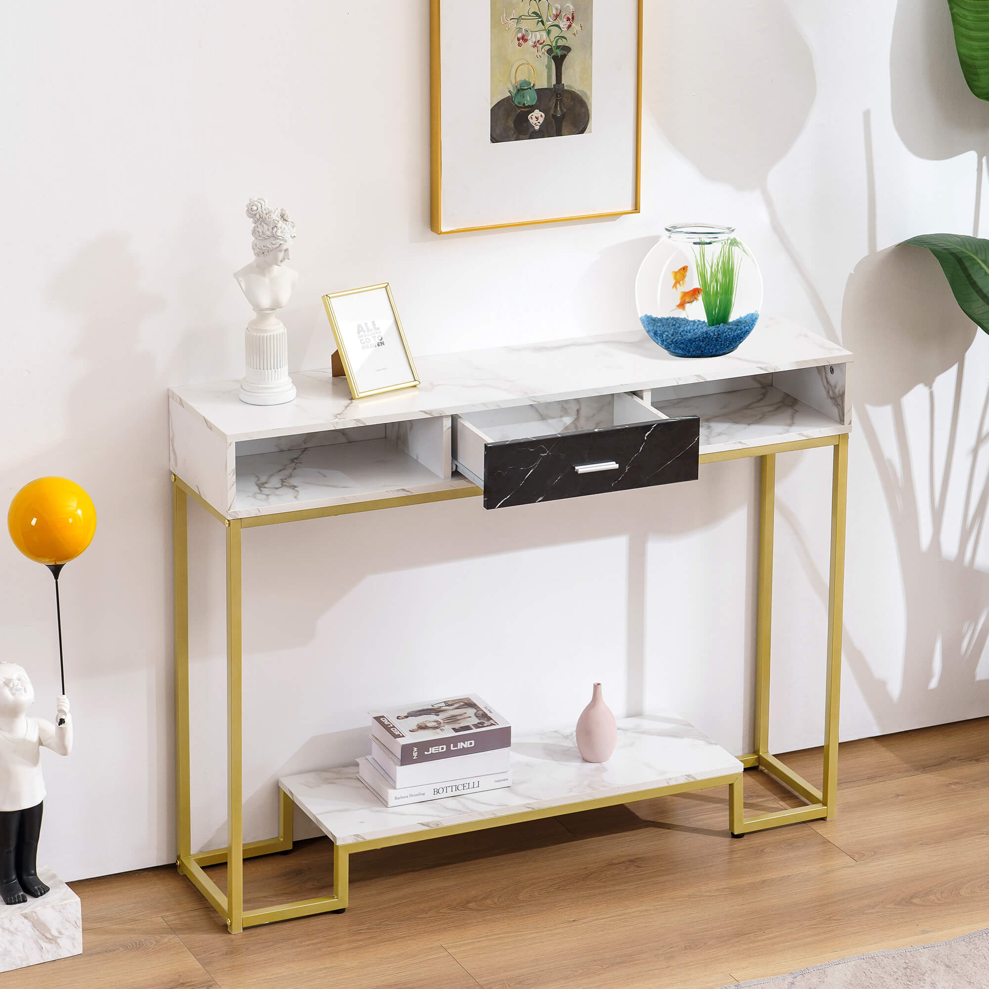 ivinta Console Table with Drawers, Gold Entryway Table with Shoe Storage, Narrow Long Sofa Tables