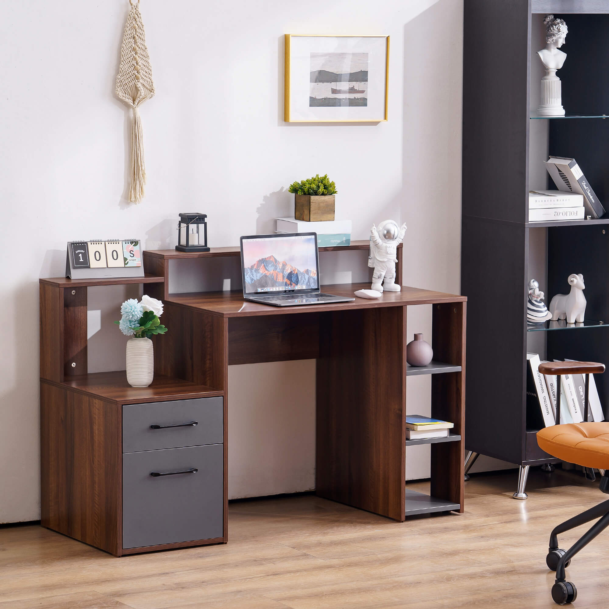 Ivinta Computer Desk with Drawers and Hutch, Modern Office Desk with File Cabinet, Small Desk for Bedroom