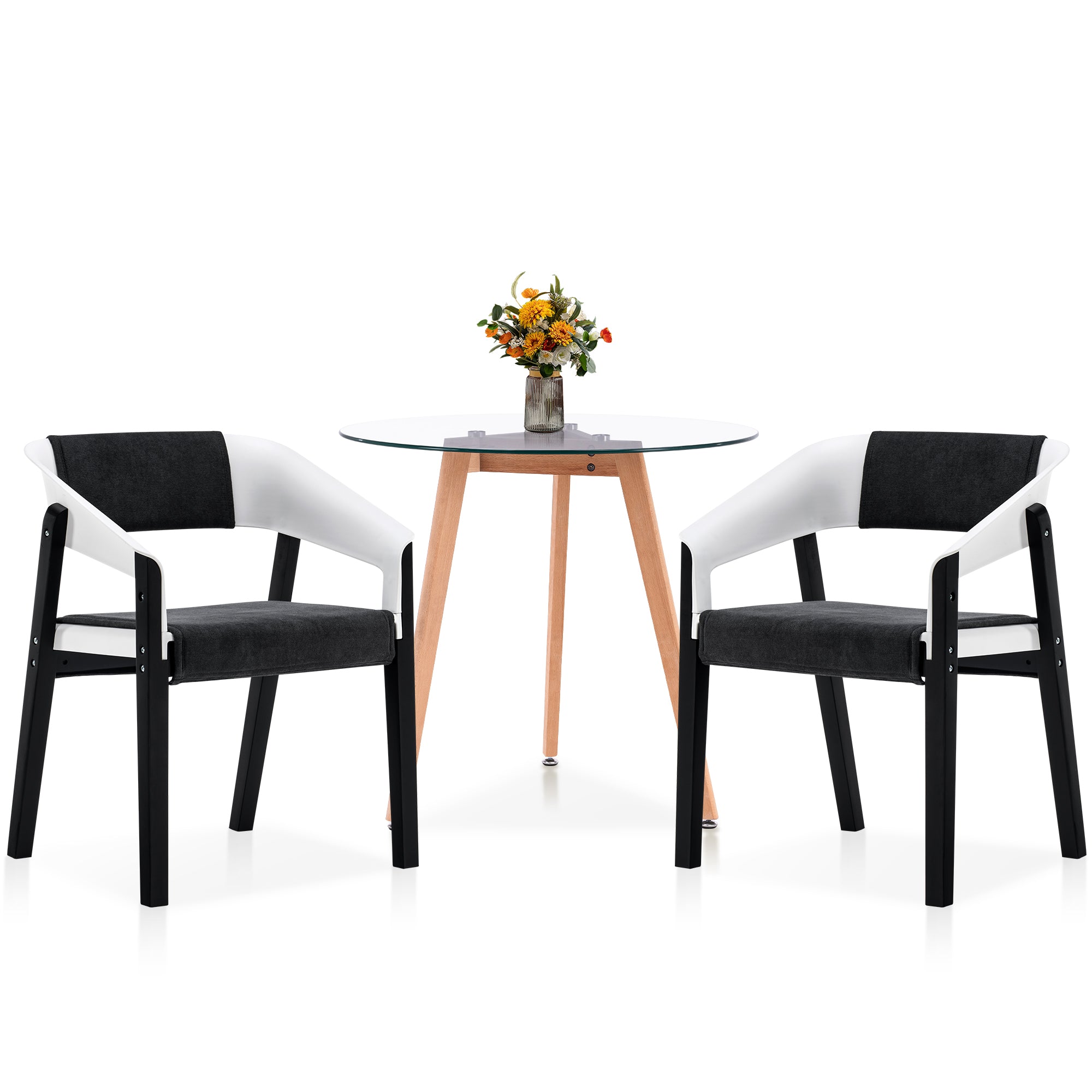 Ivinta Round Dining Table Set for 2, Modern Glass Table and 2 Grey Chairs, 3-Piece Patio Small Dining Set