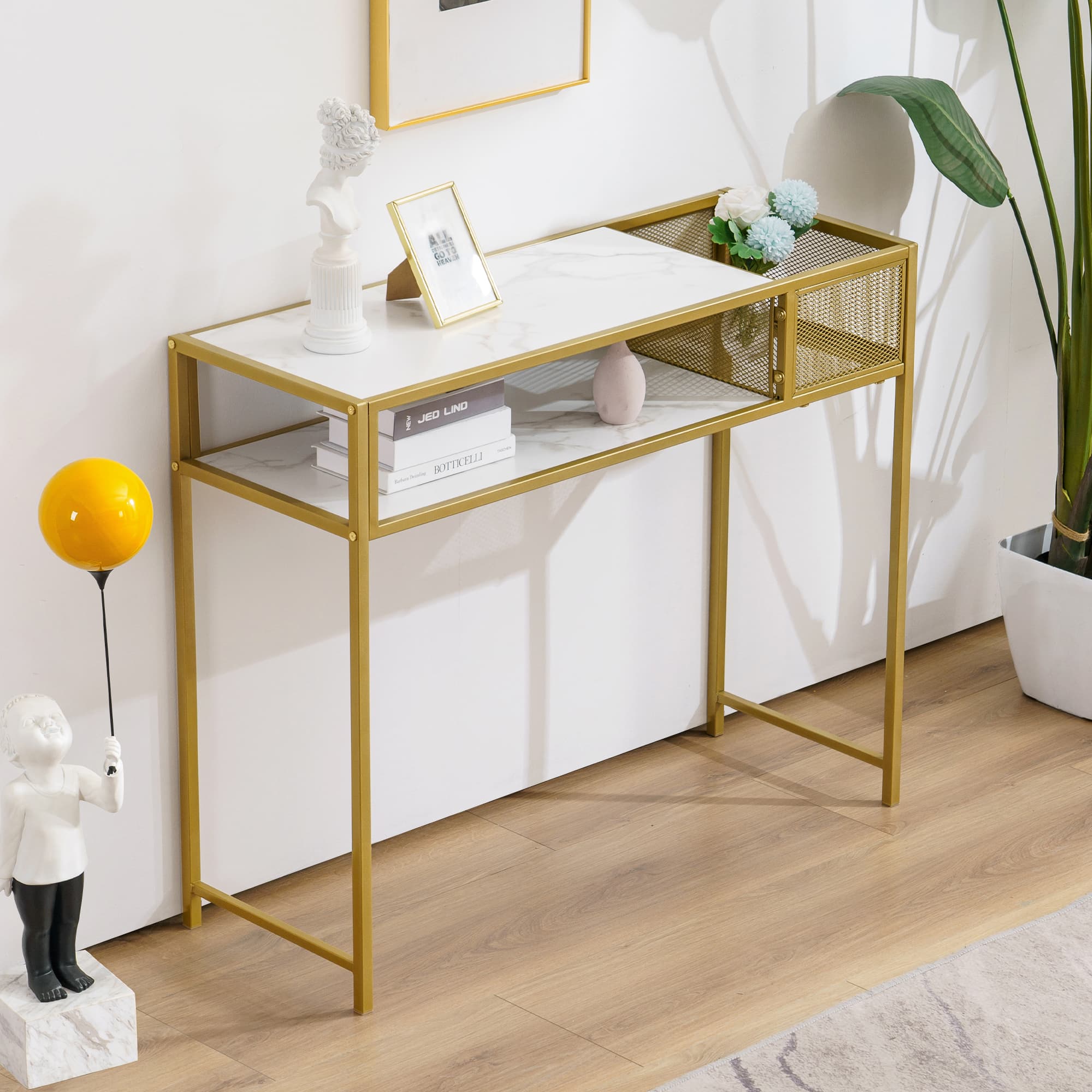 Ivinta Narrow Console Table with Storage, Modern Sofa Table with Glass Shelves, Long Entryway Table