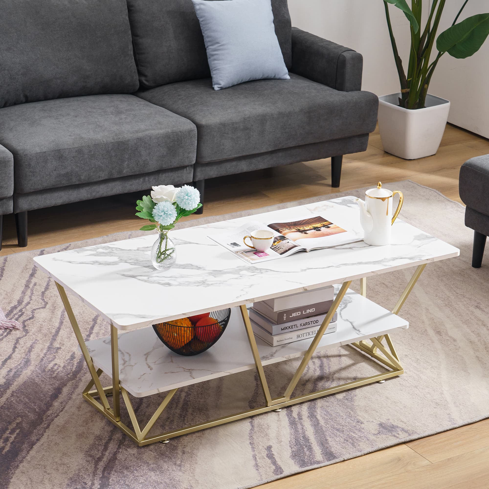 Ivinta Marble Gold Coffee Table, Farmhouse Modern Central TV Table, Cocktail Table