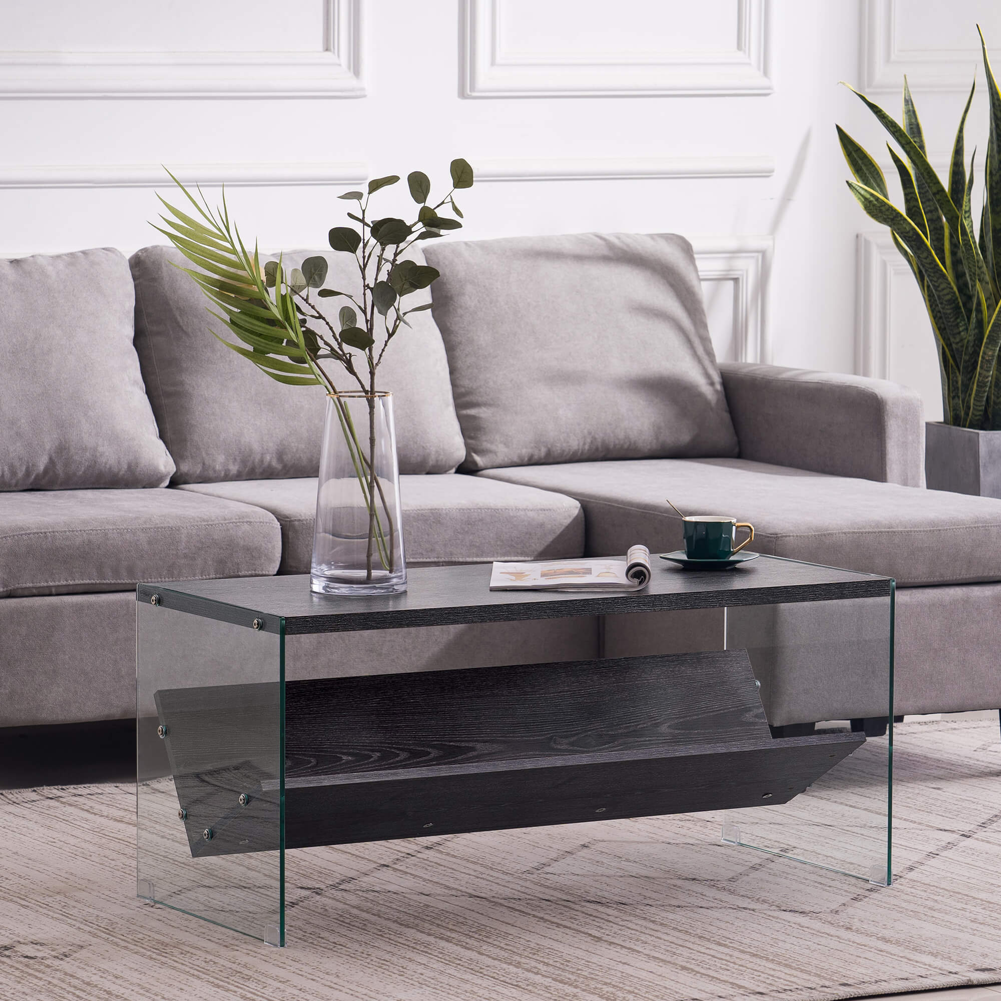 Ivinta Modern Glass Coffee Table，Small Cocktail Table with Storage Shelf - Ivinta