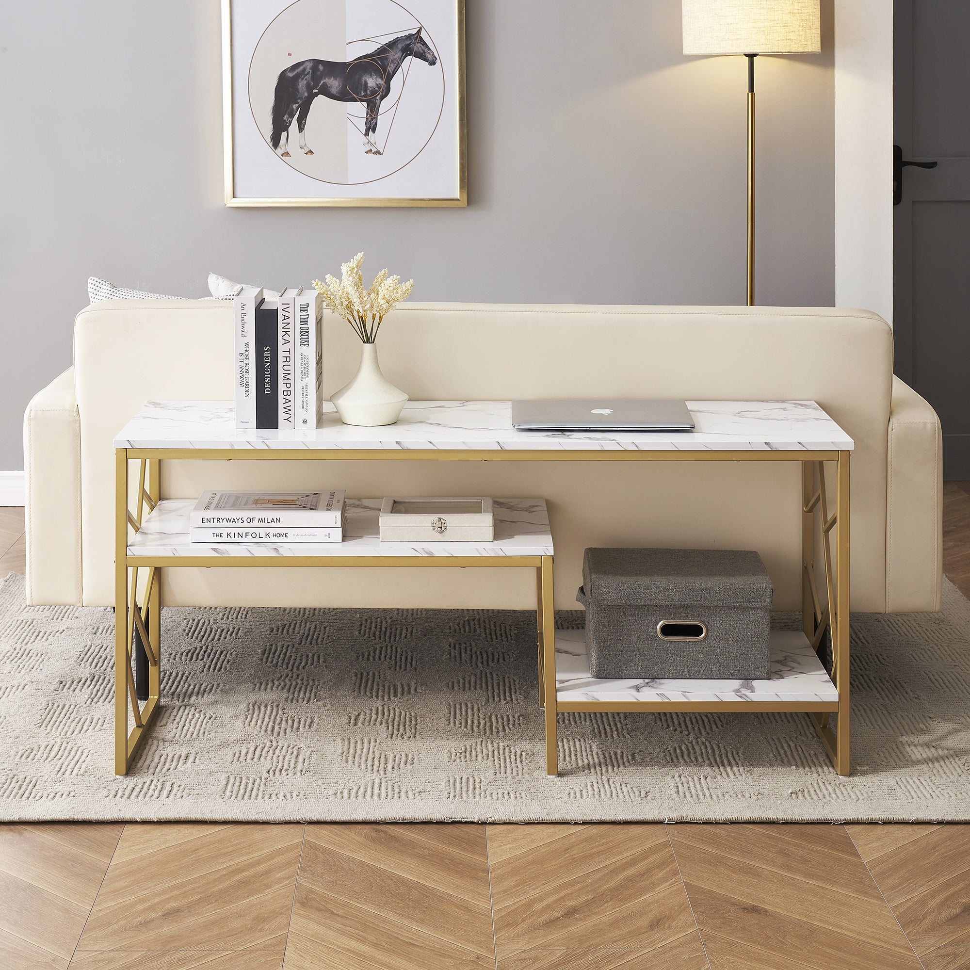 ivinta White Sofa Table, Narrow Entryway Table with Storage Shelf, Faux Marble Top Console Table